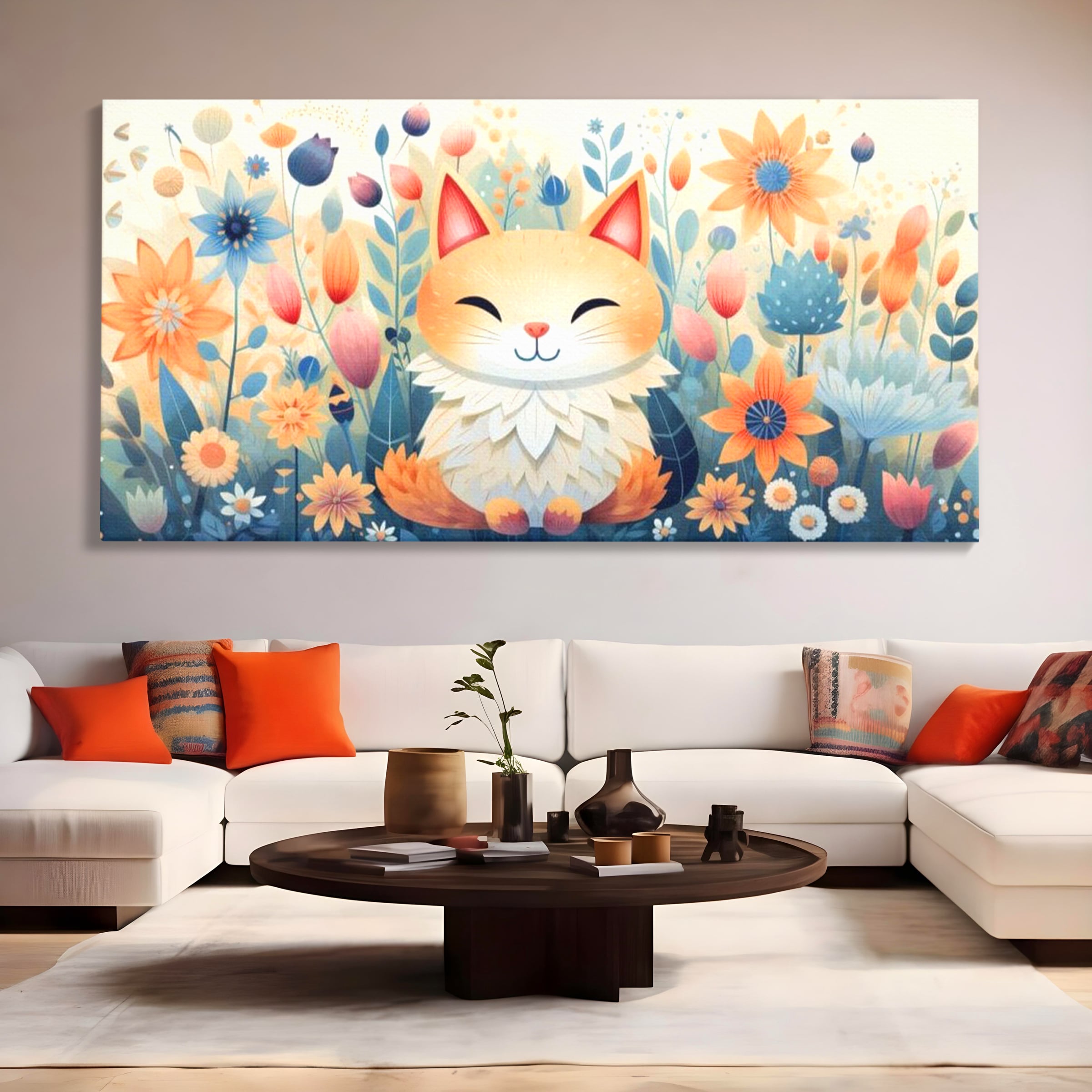 Tablou Canvas Premium, LuxCanva® K1010, Pisicuta Zen,  Gradina, Fermecata, Zambet, Flori, Felina, Fericire, Vise, Taram, Calm, Pisicuta, Blandete, Copilarie, Camera Copii