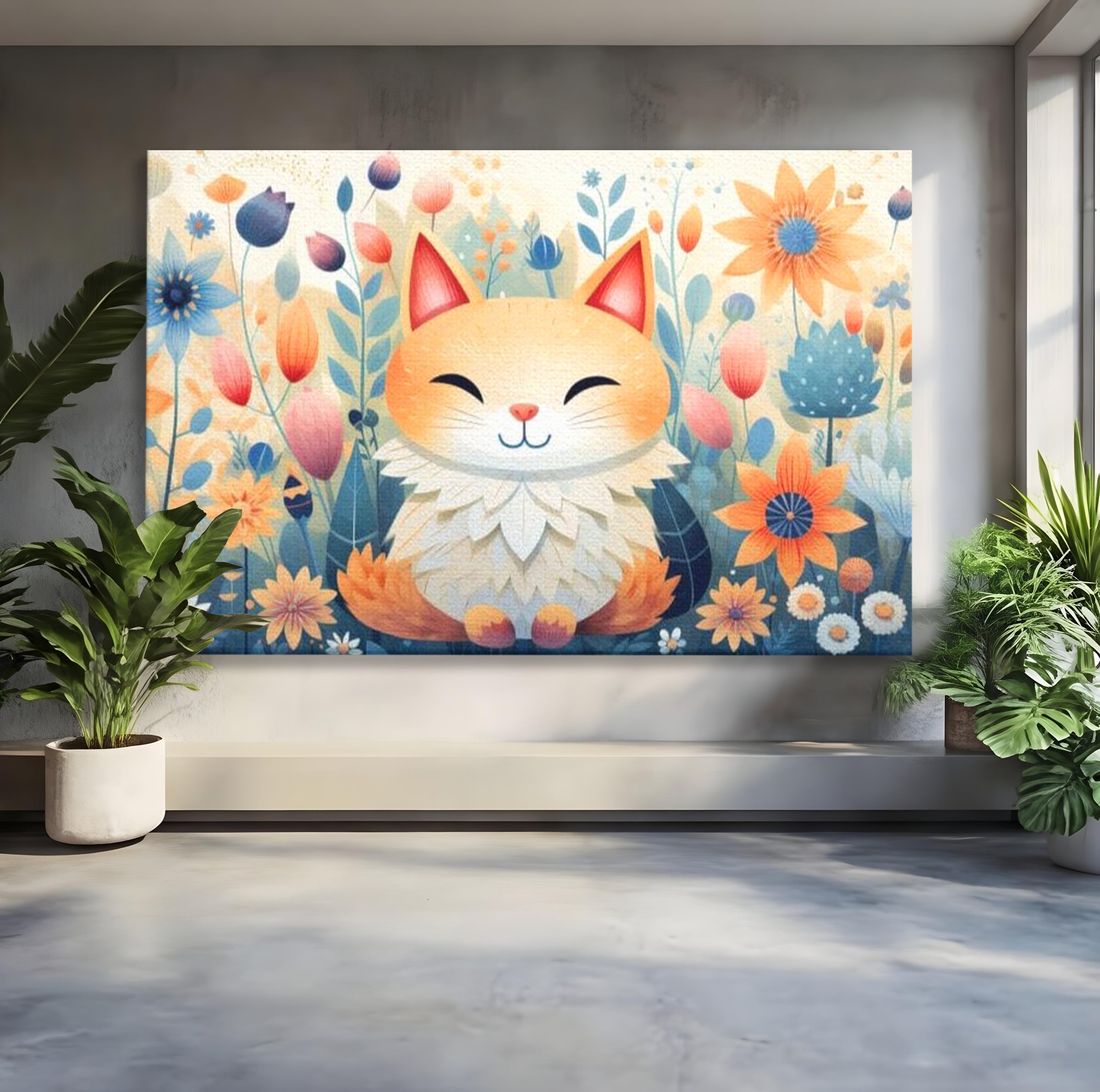 Tablou Canvas Premium, LuxCanva® K1010, Pisicuta Zen,  Gradina, Fermecata, Zambet, Flori, Felina, Fericire, Vise, Taram, Calm, Pisicuta, Blandete, Copilarie, Camera Copii