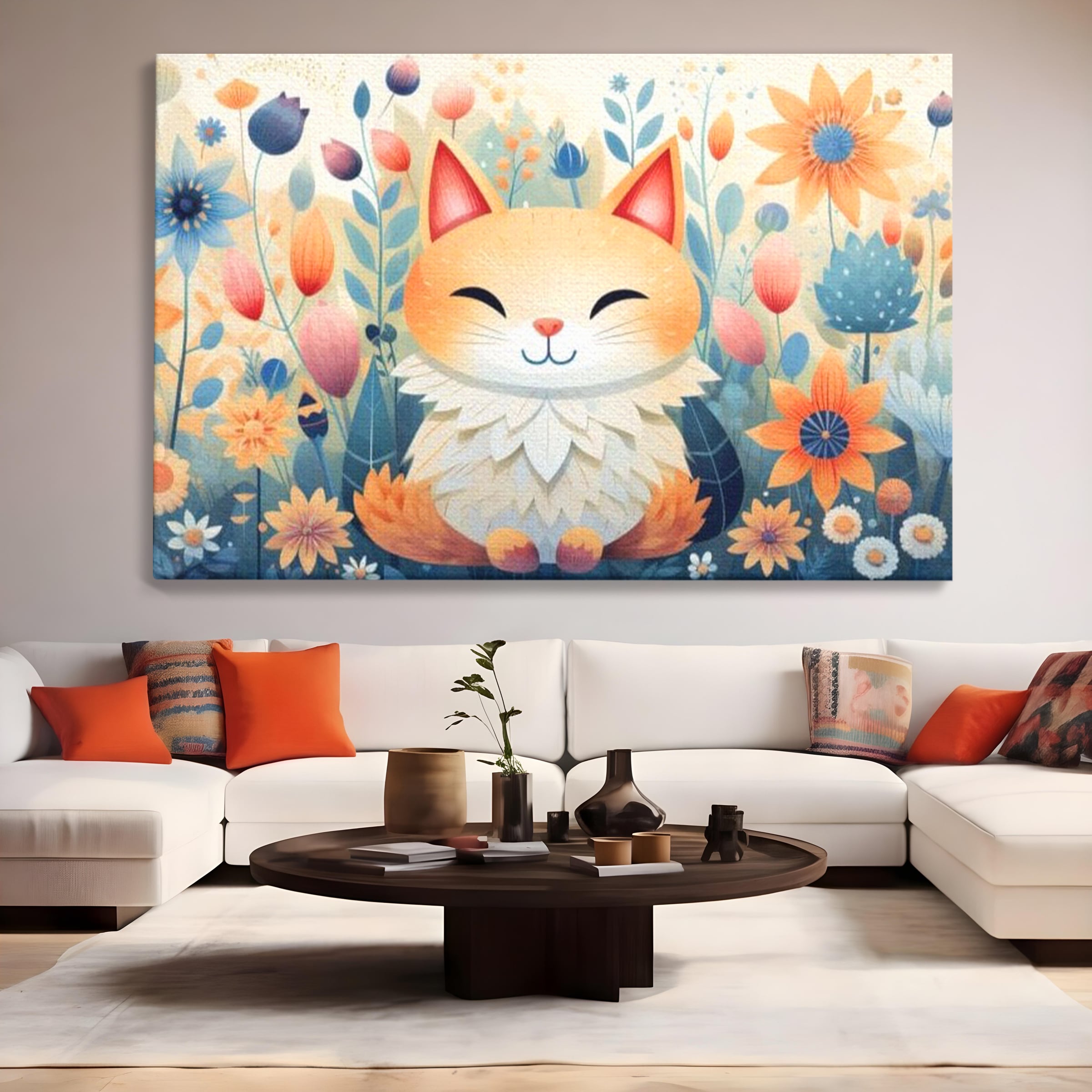 Tablou Canvas Premium, LuxCanva® K1010, Pisicuta Zen,  Gradina, Fermecata, Zambet, Flori, Felina, Fericire, Vise, Taram, Calm, Pisicuta, Blandete, Copilarie, Camera Copii