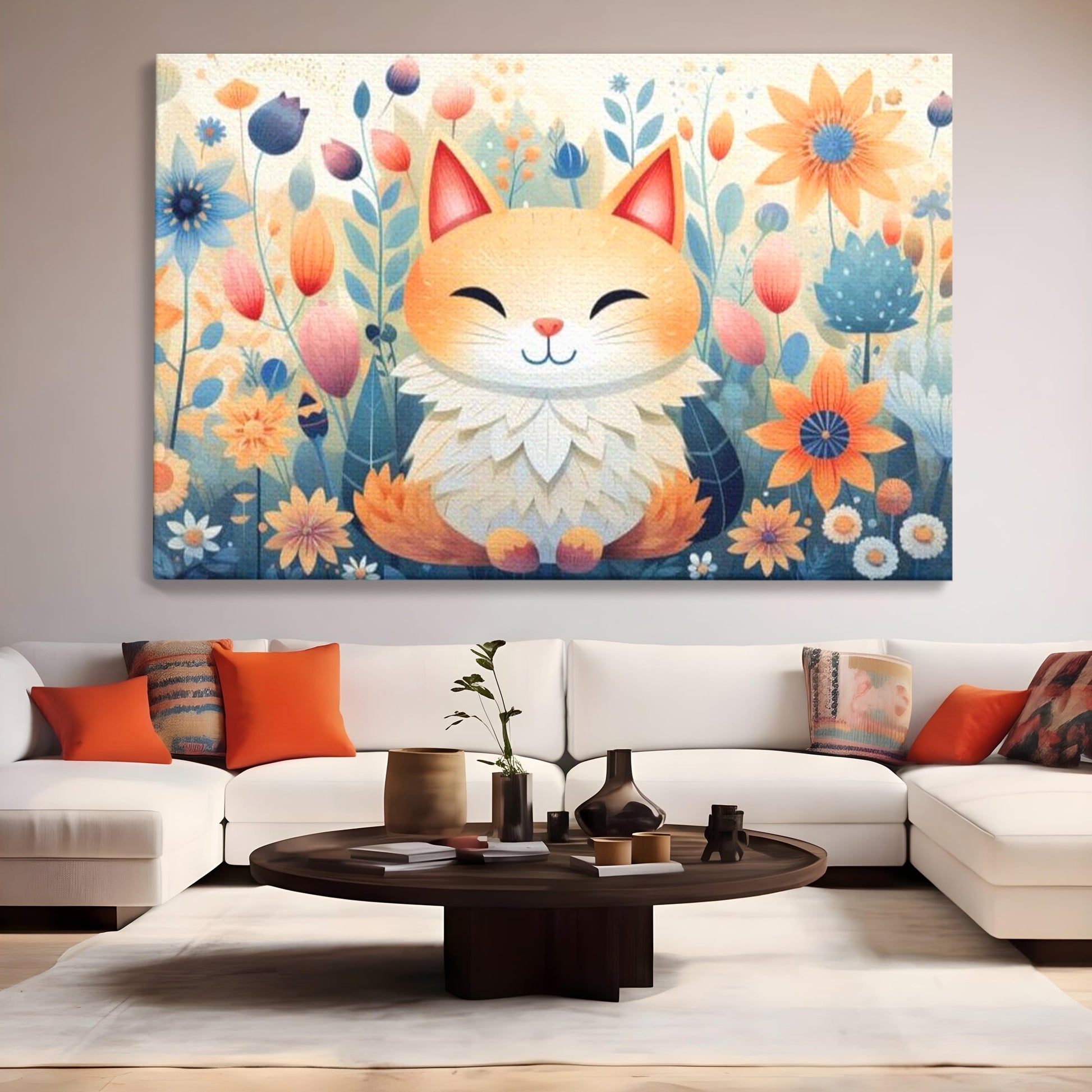 Tablou Canvas Premium, LuxCanva® K1010, Pisicuta Zen,  Gradina, Fermecata, Zambet, Flori, Felina, Fericire, Vise, Taram, Calm, Pisicuta, Blandete, Copilarie, Camera Copii