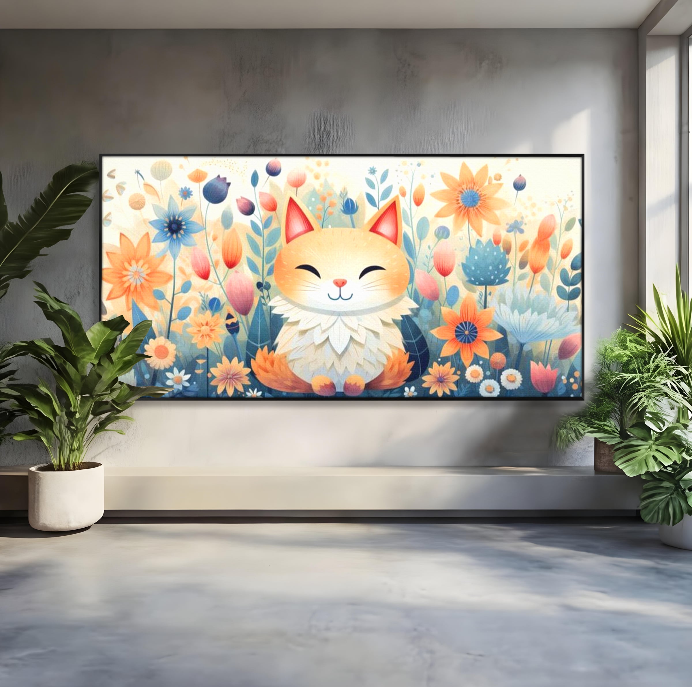 Tablou Canvas Premium, LuxCanva® K1010, Pisicuta Zen,  Gradina, Fermecata, Zambet, Flori, Felina, Fericire, Vise, Taram, Calm, Pisicuta, Blandete, Copilarie, Camera Copii