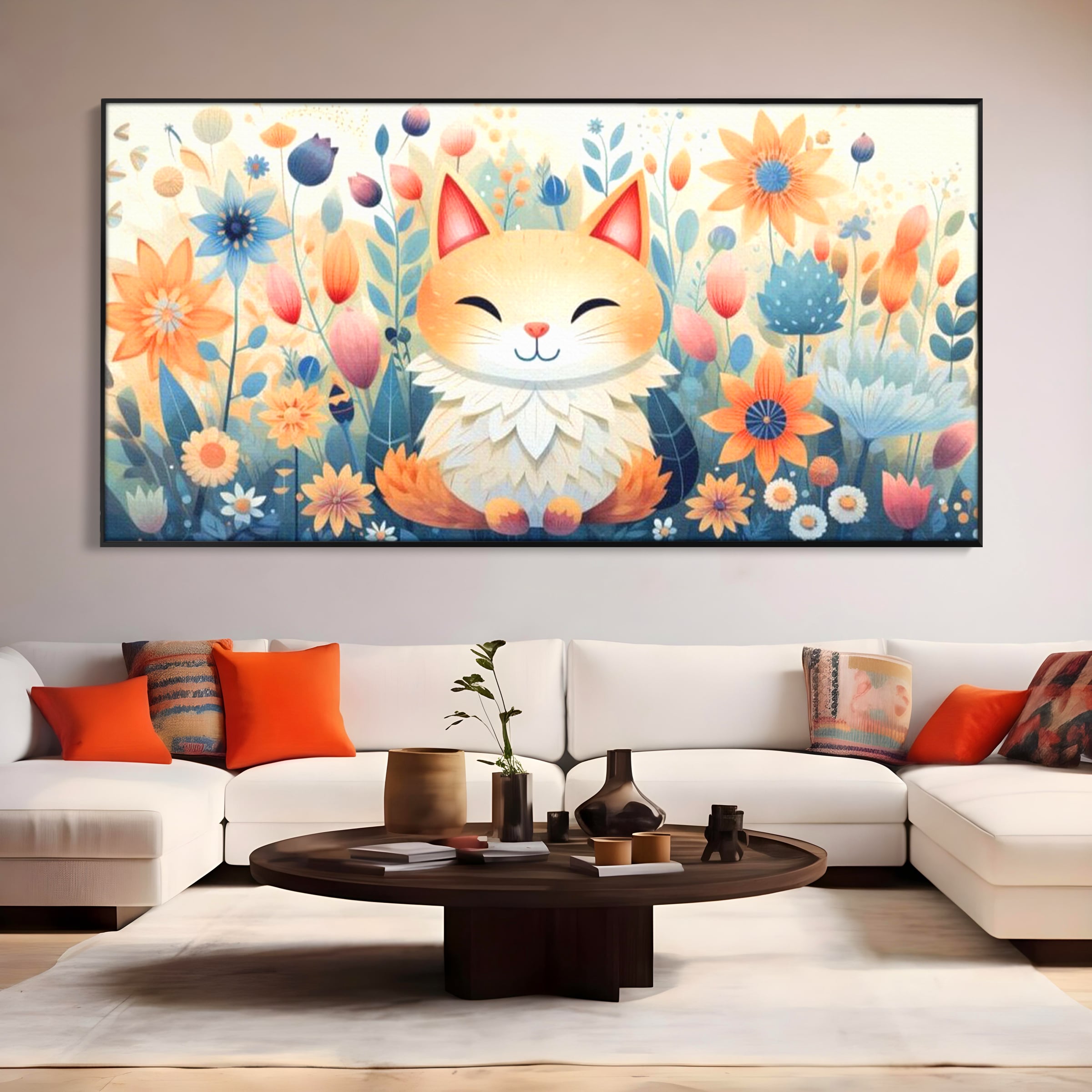 Tablou Canvas Premium, LuxCanva® K1010, Pisicuta Zen,  Gradina, Fermecata, Zambet, Flori, Felina, Fericire, Vise, Taram, Calm, Pisicuta, Blandete, Copilarie, Camera Copii