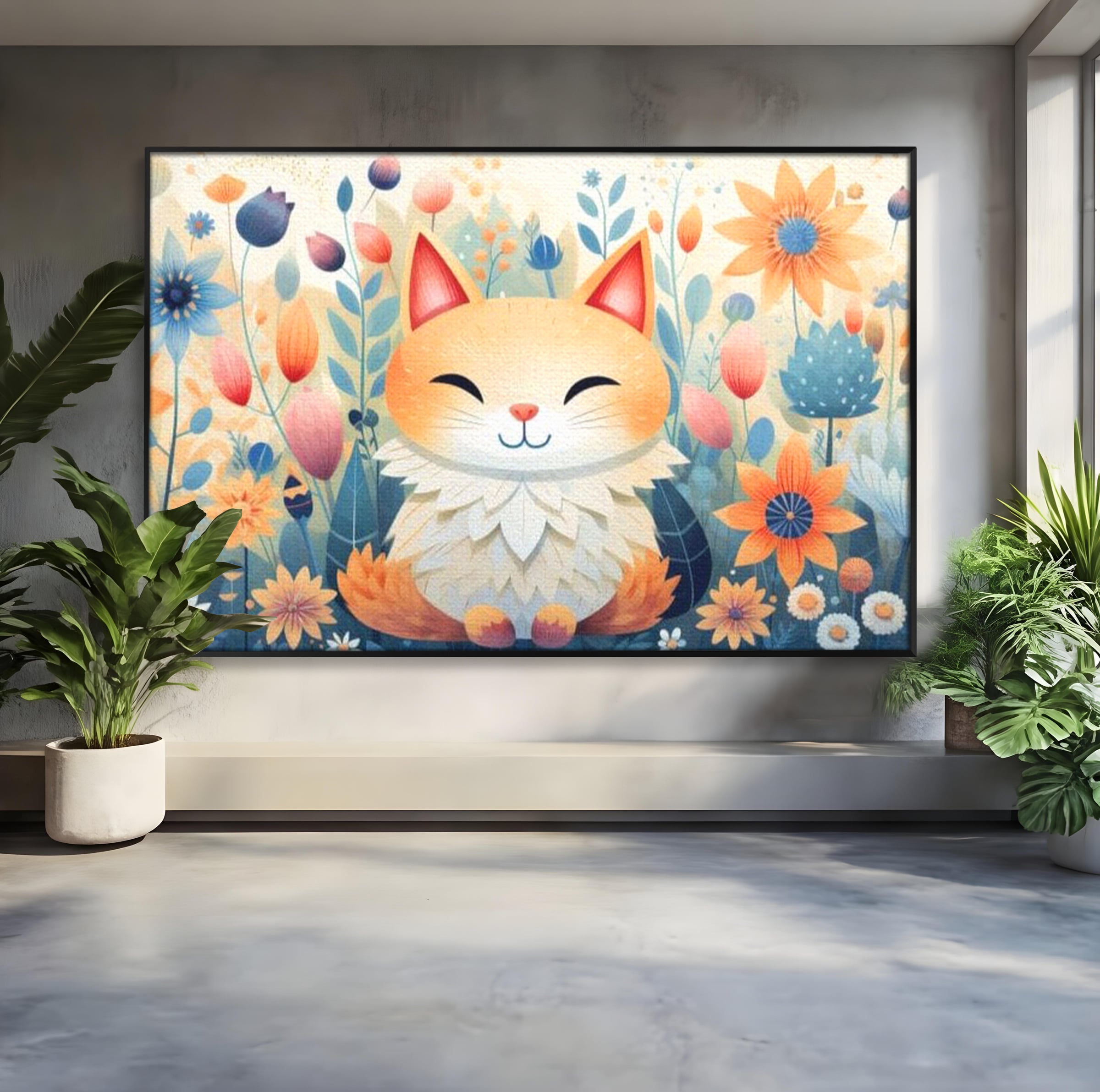Tablou Canvas Premium, LuxCanva® K1010, Pisicuta Zen,  Gradina, Fermecata, Zambet, Flori, Felina, Fericire, Vise, Taram, Calm, Pisicuta, Blandete, Copilarie, Camera Copii
