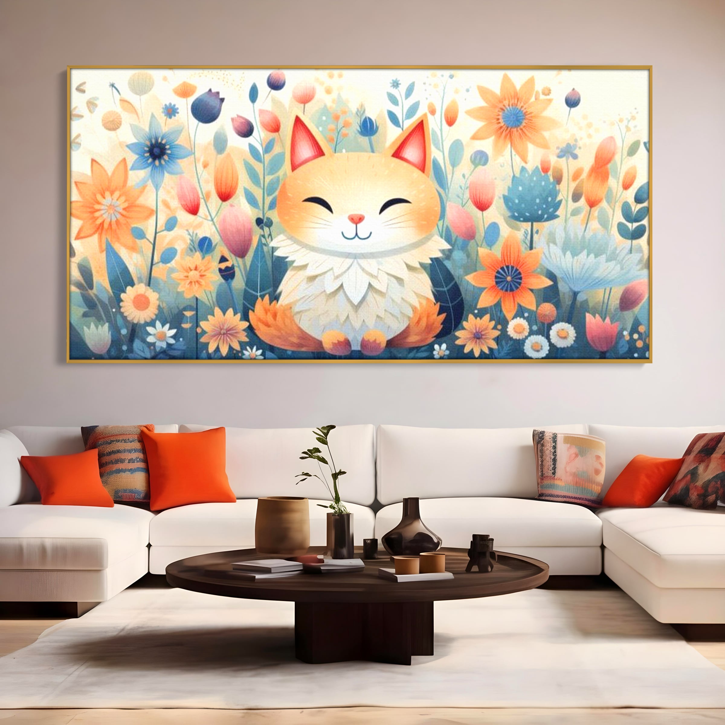 Tablou Canvas Premium, LuxCanva® K1010, Pisicuta Zen,  Gradina, Fermecata, Zambet, Flori, Felina, Fericire, Vise, Taram, Calm, Pisicuta, Blandete, Copilarie, Camera Copii
