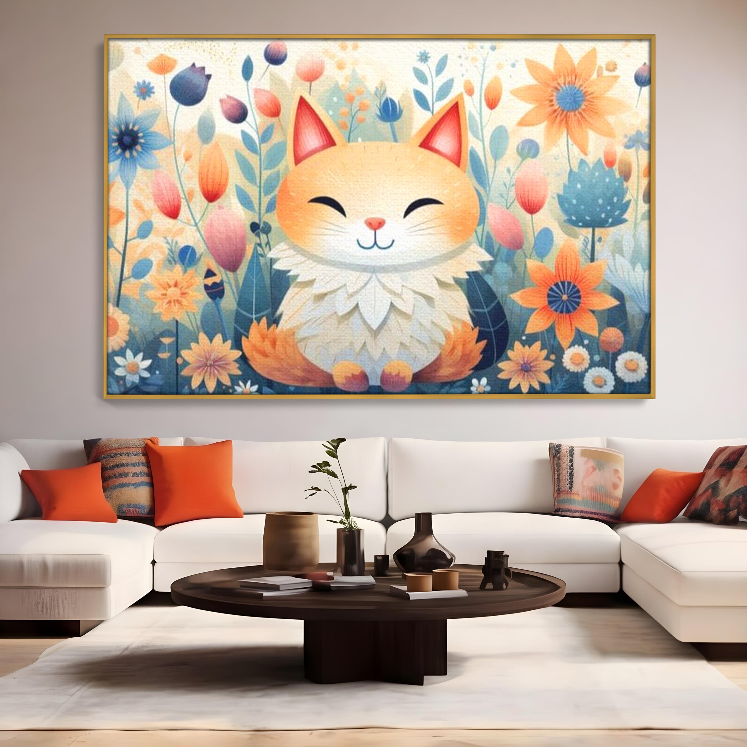 Tablou Canvas Premium, LuxCanva® K1010, Pisicuta Zen,  Gradina, Fermecata, Zambet, Flori, Felina, Fericire, Vise, Taram, Calm, Pisicuta, Blandete, Copilarie, Camera Copii