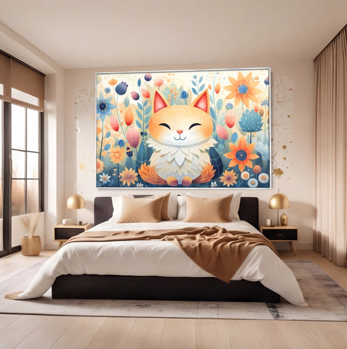 Tablou Canvas Premium, LuxCanva® K1010, Pisicuta Zen,  Gradina, Fermecata, Zambet, Flori, Felina, Fericire, Vise, Taram, Calm, Pisicuta, Blandete, Copilarie, Camera Copii