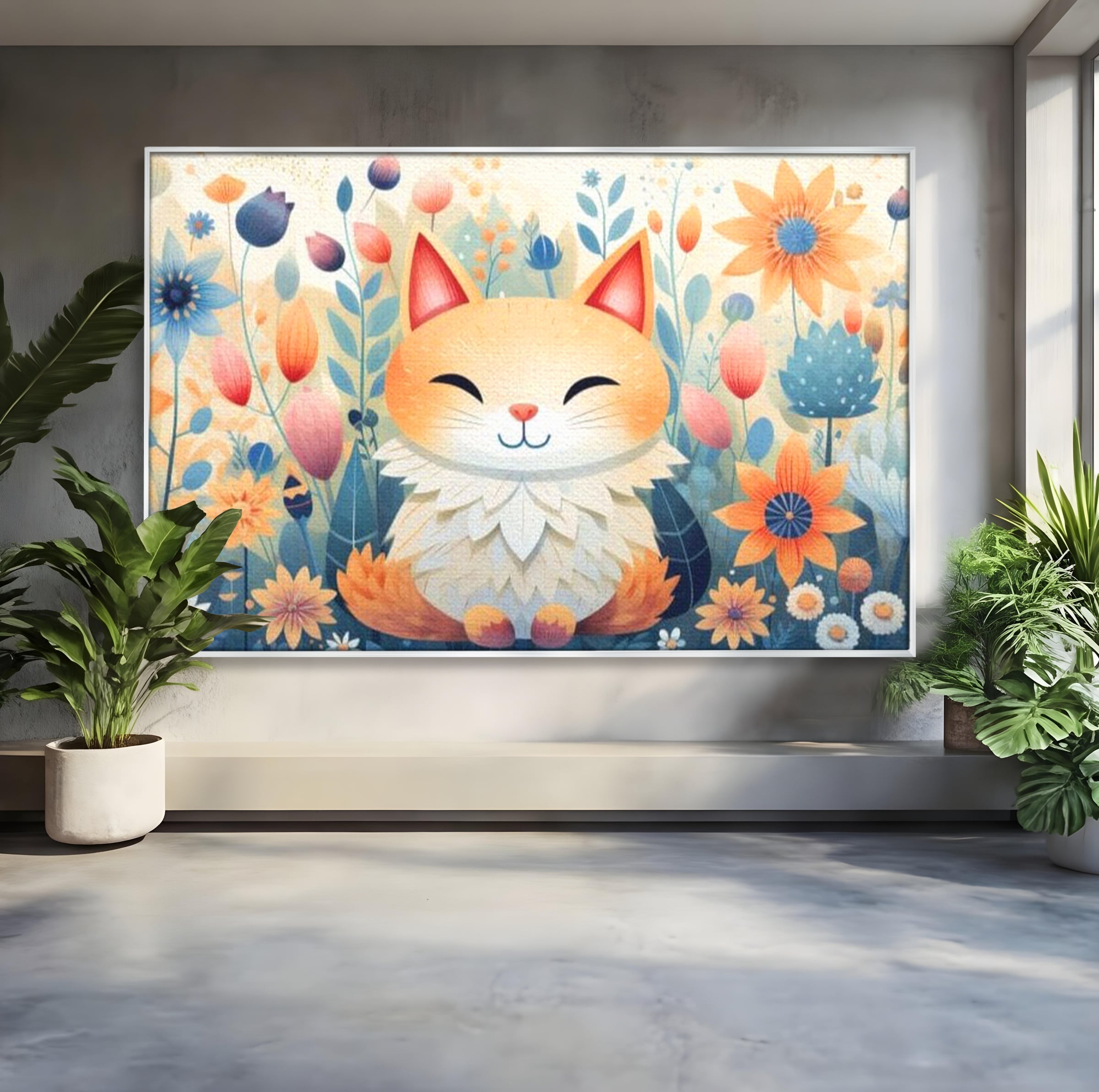 Tablou Canvas Premium, LuxCanva® K1010, Pisicuta Zen,  Gradina, Fermecata, Zambet, Flori, Felina, Fericire, Vise, Taram, Calm, Pisicuta, Blandete, Copilarie, Camera Copii
