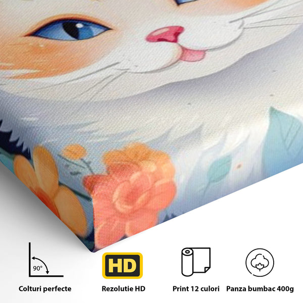 Leinwand Wandkunst Canvas Premium, LuxCanva® K1011, bezauberndes Kätzchen, Königin, Blumen, Blütenblätter, Blick, pelzig, flauschig, flauschig, blühend, Feline, Schnurrbart, Kinderzimmer