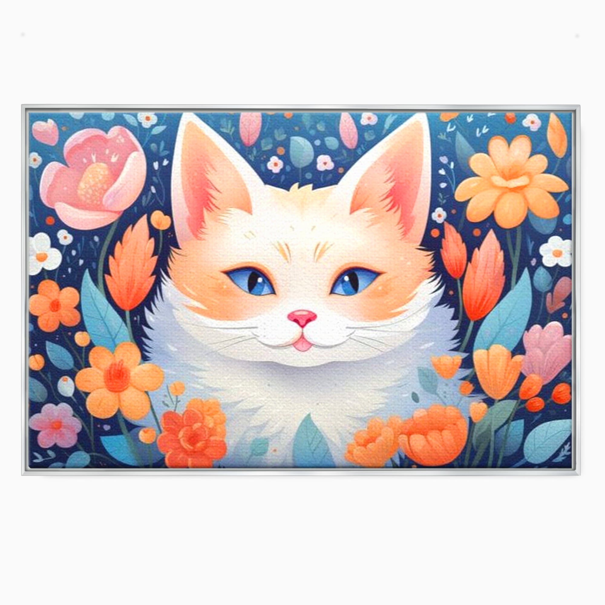 Leinwand Wandkunst Canvas Premium, LuxCanva® K1011, bezauberndes Kätzchen, Königin, Blumen, Blütenblätter, Blick, pelzig, flauschig, flauschig, blühend, Feline, Schnurrbart, Kinderzimmer