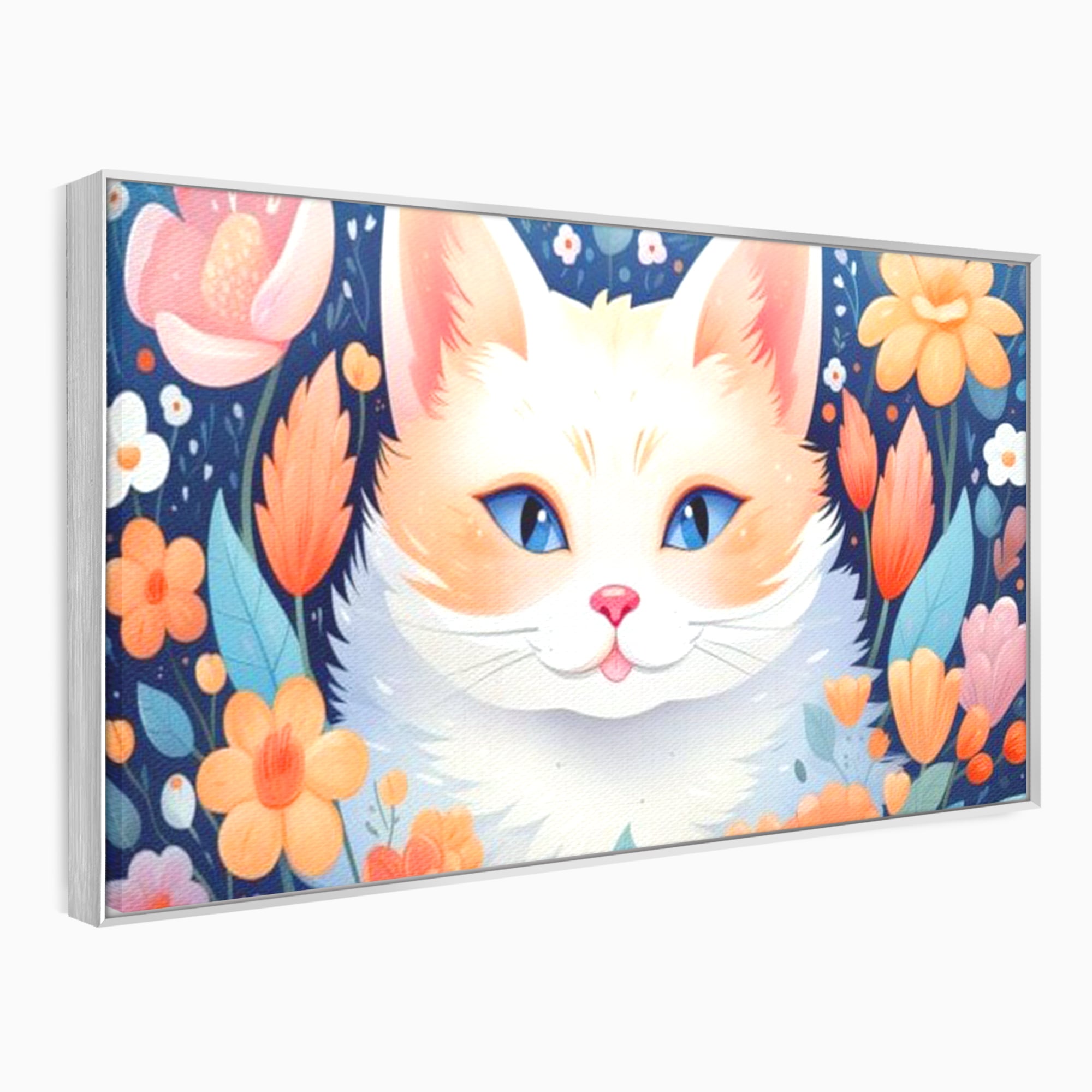 Leinwand Wandkunst Canvas Premium, LuxCanva® K1011, bezauberndes Kätzchen, Königin, Blumen, Blütenblätter, Blick, pelzig, flauschig, flauschig, blühend, Feline, Schnurrbart, Kinderzimmer