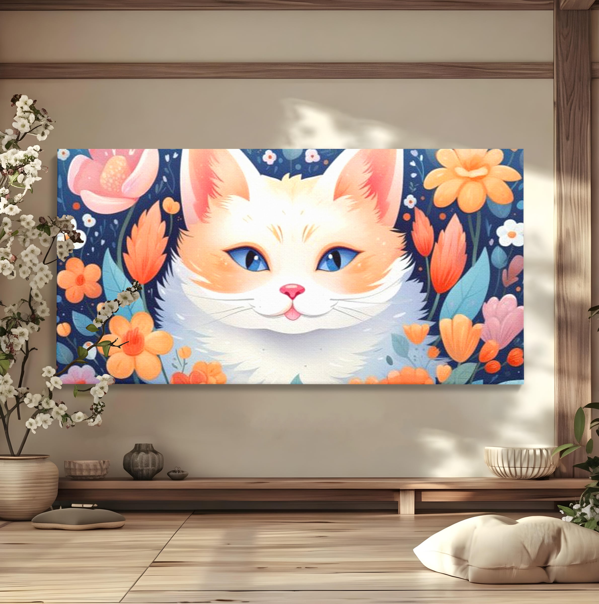 Leinwand Wandkunst Canvas Premium, LuxCanva® K1011, bezauberndes Kätzchen, Königin, Blumen, Blütenblätter, Blick, pelzig, flauschig, flauschig, blühend, Feline, Schnurrbart, Kinderzimmer