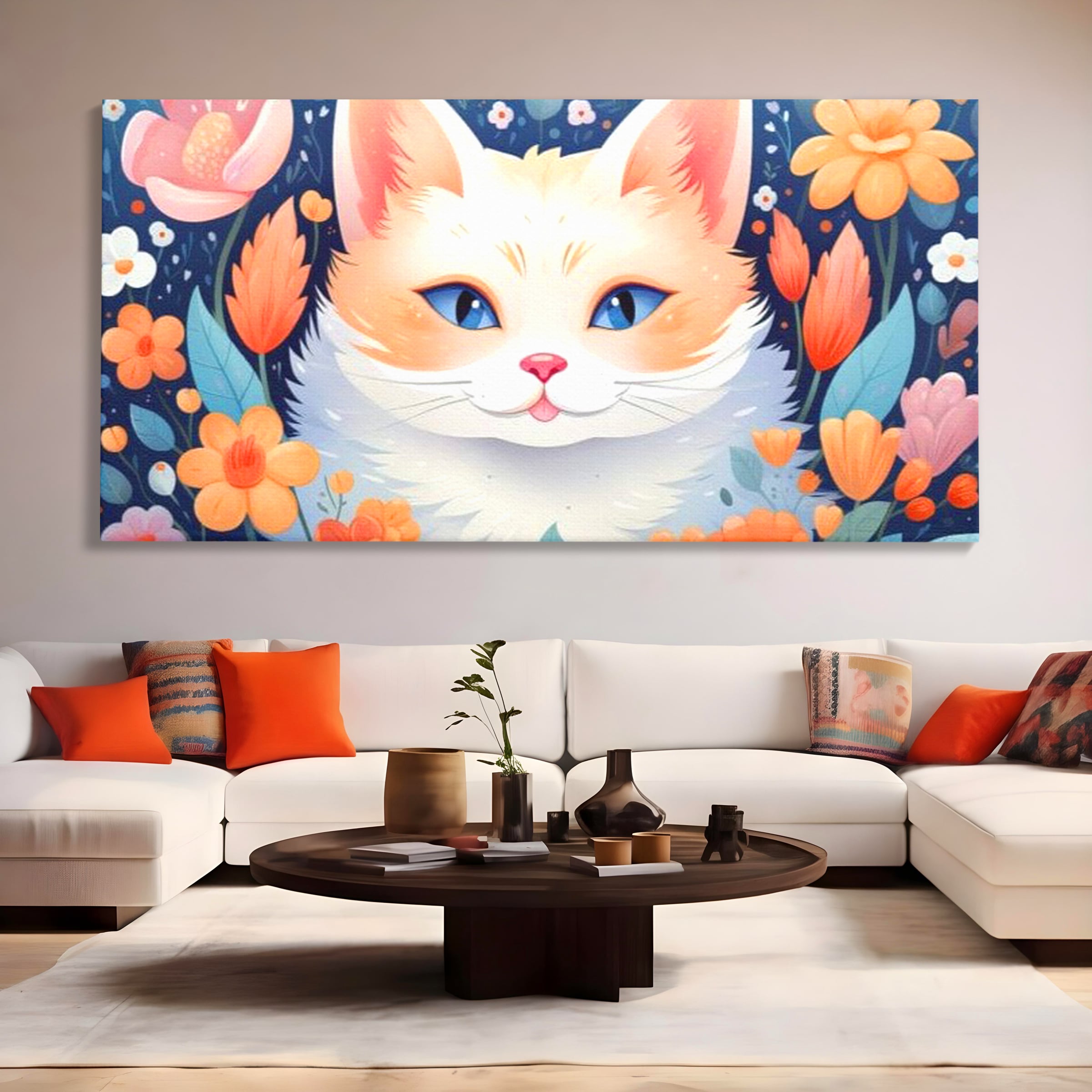Leinwand Wandkunst Canvas Premium, LuxCanva® K1011, bezauberndes Kätzchen, Königin, Blumen, Blütenblätter, Blick, pelzig, flauschig, flauschig, blühend, Feline, Schnurrbart, Kinderzimmer