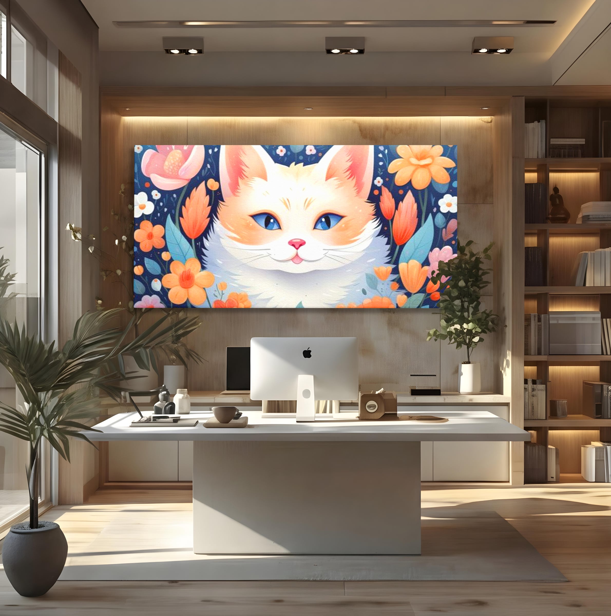 Leinwand Wandkunst Canvas Premium, LuxCanva® K1011, bezauberndes Kätzchen, Königin, Blumen, Blütenblätter, Blick, pelzig, flauschig, flauschig, blühend, Feline, Schnurrbart, Kinderzimmer
