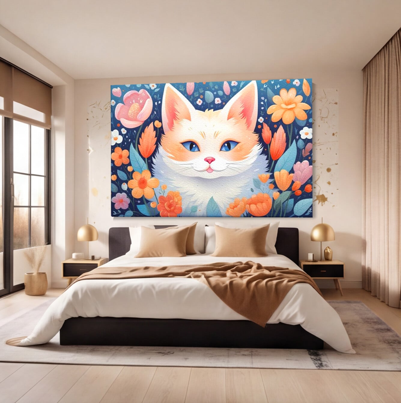 Leinwand Wandkunst Canvas Premium, LuxCanva® K1011, bezauberndes Kätzchen, Königin, Blumen, Blütenblätter, Blick, pelzig, flauschig, flauschig, blühend, Feline, Schnurrbart, Kinderzimmer
