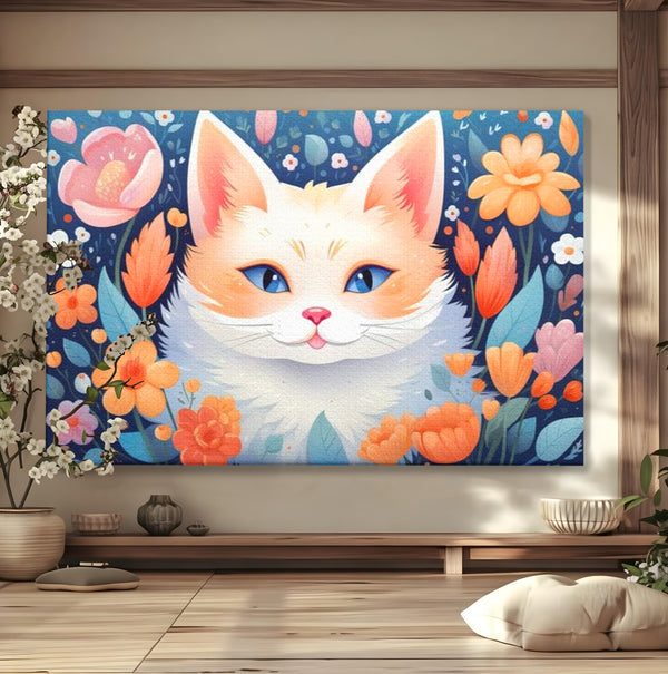 Leinwand Wandkunst Canvas Premium, LuxCanva® K1011, bezauberndes Kätzchen, Königin, Blumen, Blütenblätter, Blick, pelzig, flauschig, flauschig, blühend, Feline, Schnurrbart, Kinderzimmer