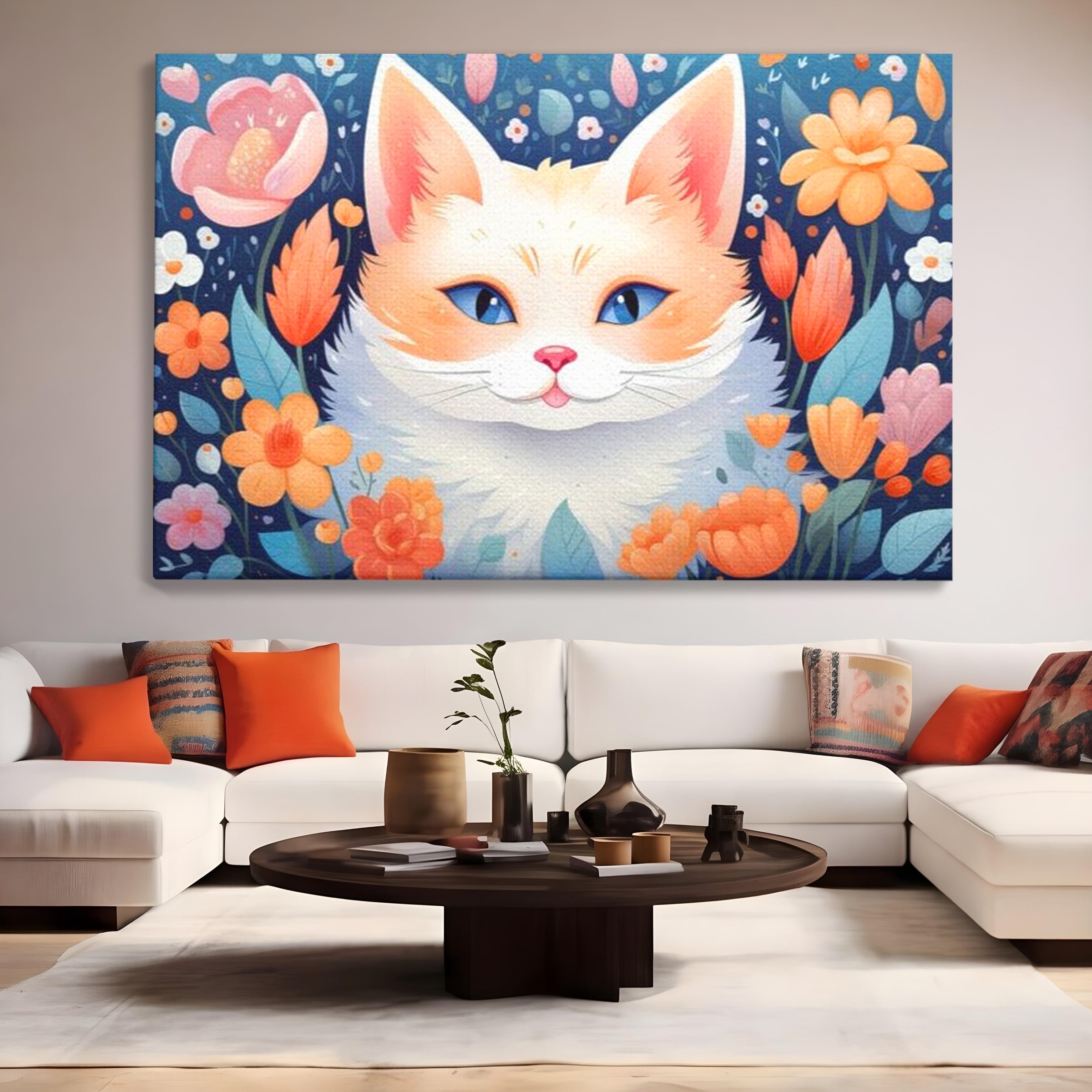 Leinwand Wandkunst Canvas Premium, LuxCanva® K1011, bezauberndes Kätzchen, Königin, Blumen, Blütenblätter, Blick, pelzig, flauschig, flauschig, blühend, Feline, Schnurrbart, Kinderzimmer