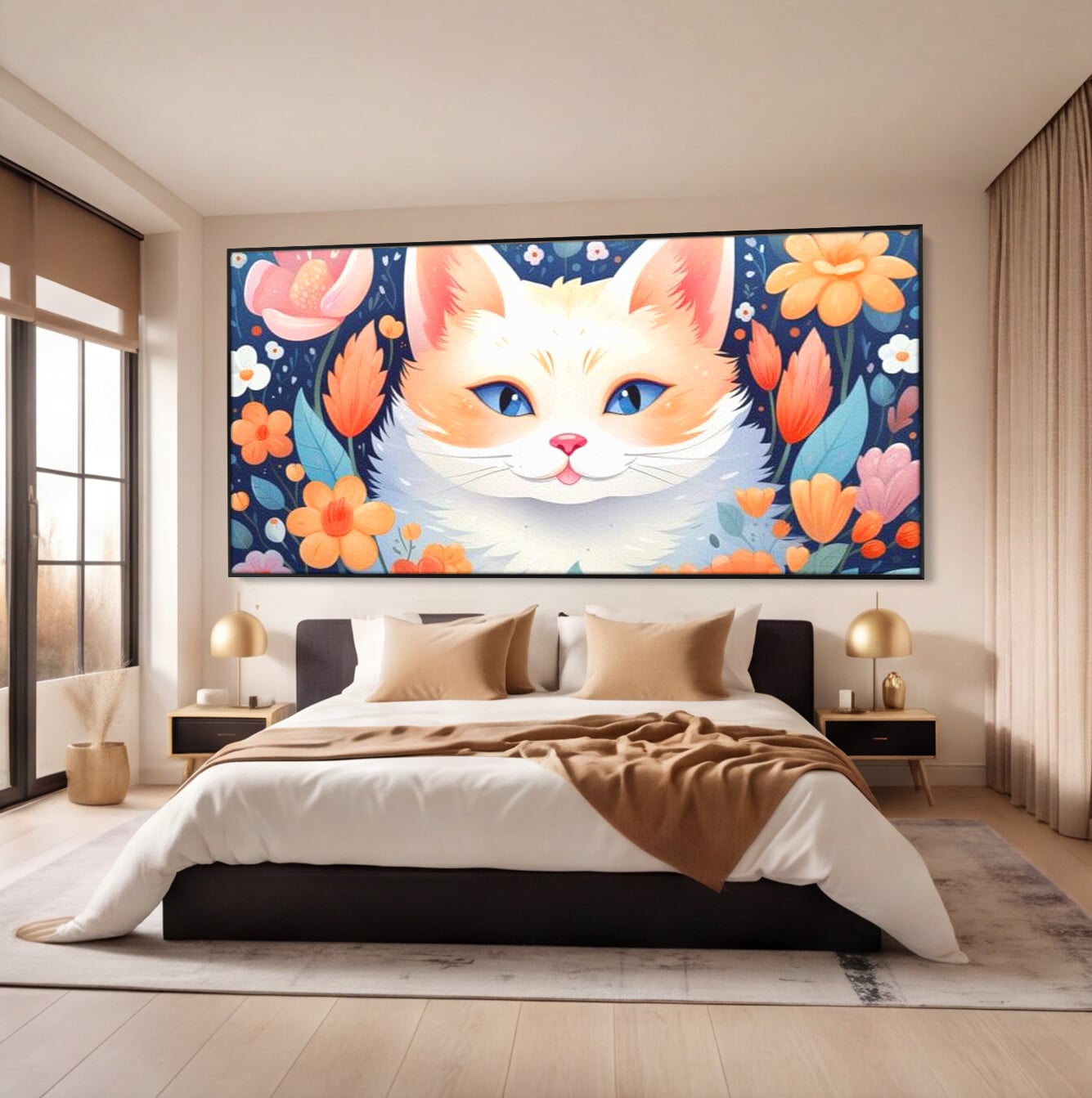Leinwand Wandkunst Canvas Premium, LuxCanva® K1011, bezauberndes Kätzchen, Königin, Blumen, Blütenblätter, Blick, pelzig, flauschig, flauschig, blühend, Feline, Schnurrbart, Kinderzimmer