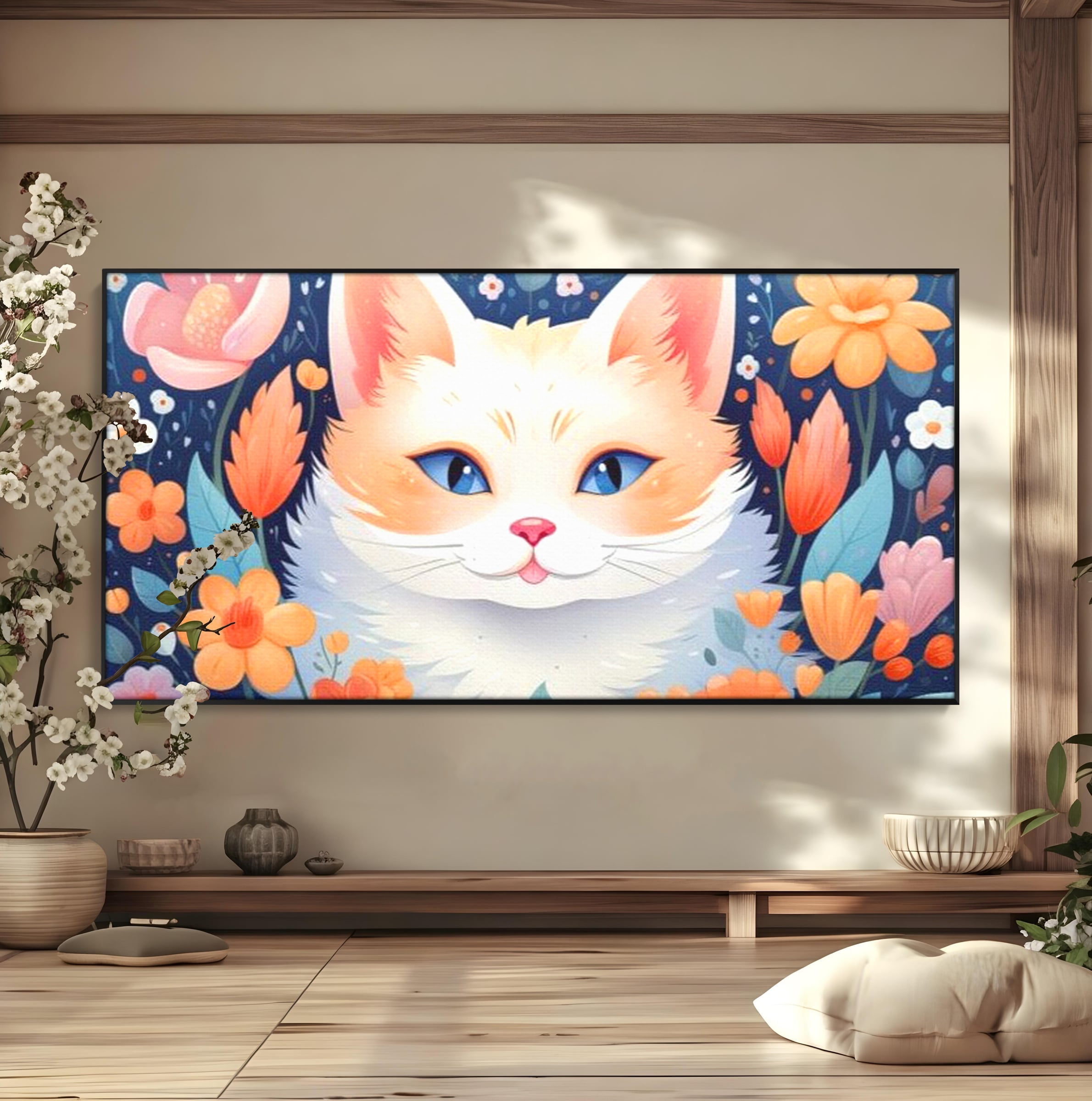 Leinwand Wandkunst Canvas Premium, LuxCanva® K1011, bezauberndes Kätzchen, Königin, Blumen, Blütenblätter, Blick, pelzig, flauschig, flauschig, blühend, Feline, Schnurrbart, Kinderzimmer