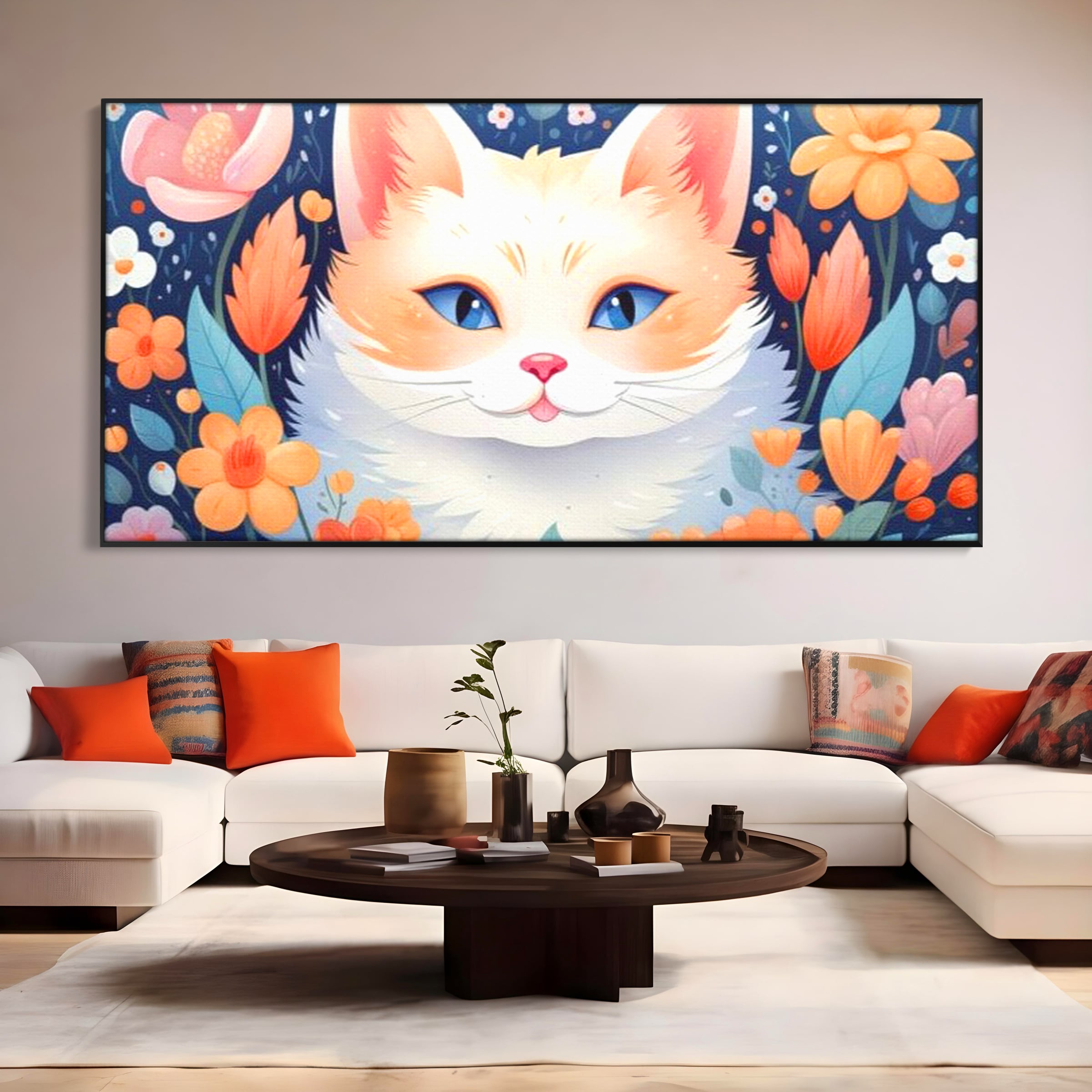 Leinwand Wandkunst Canvas Premium, LuxCanva® K1011, bezauberndes Kätzchen, Königin, Blumen, Blütenblätter, Blick, pelzig, flauschig, flauschig, blühend, Feline, Schnurrbart, Kinderzimmer