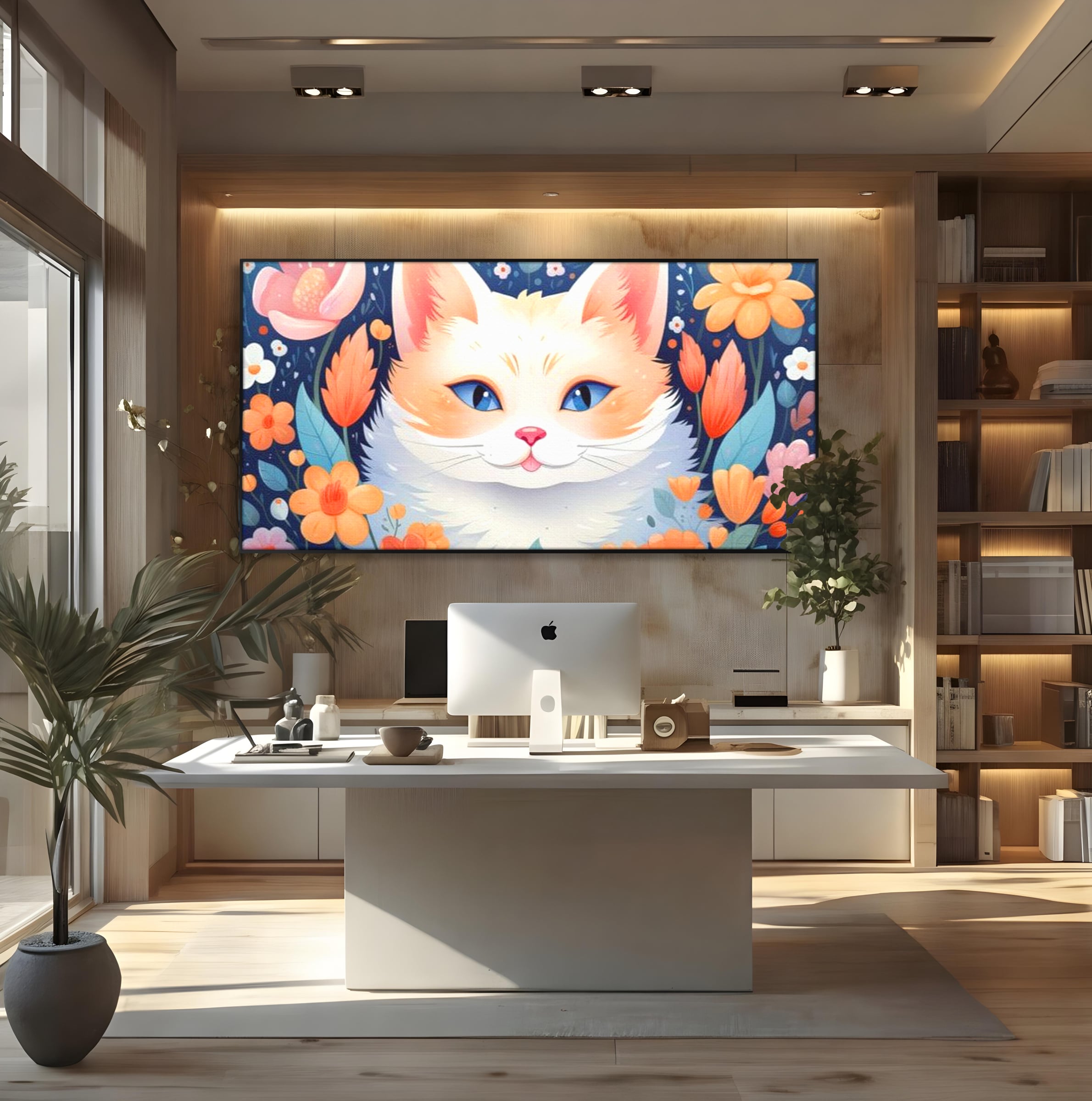 Leinwand Wandkunst Canvas Premium, LuxCanva® K1011, bezauberndes Kätzchen, Königin, Blumen, Blütenblätter, Blick, pelzig, flauschig, flauschig, blühend, Feline, Schnurrbart, Kinderzimmer