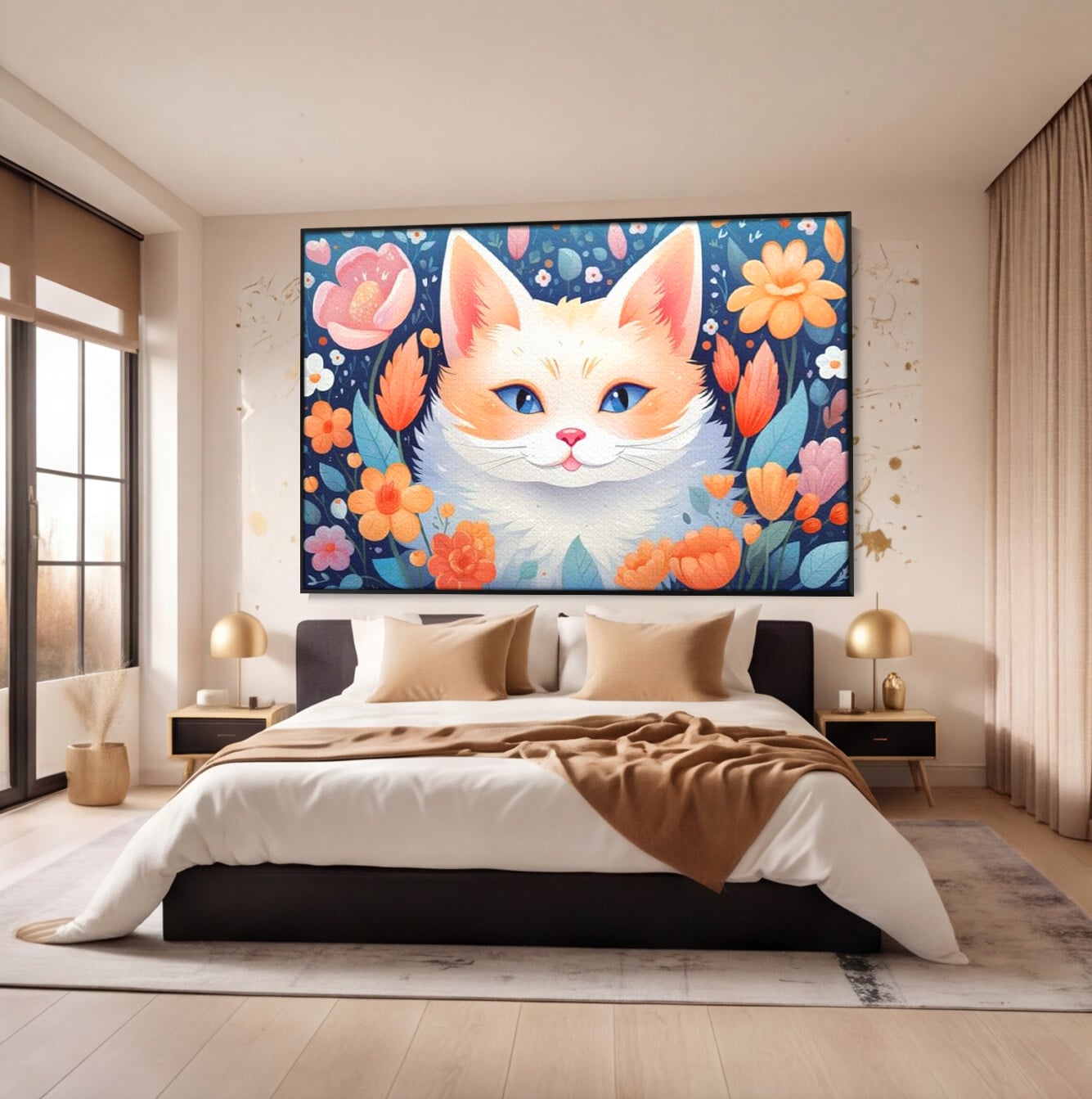 Leinwand Wandkunst Canvas Premium, LuxCanva® K1011, bezauberndes Kätzchen, Königin, Blumen, Blütenblätter, Blick, pelzig, flauschig, flauschig, blühend, Feline, Schnurrbart, Kinderzimmer