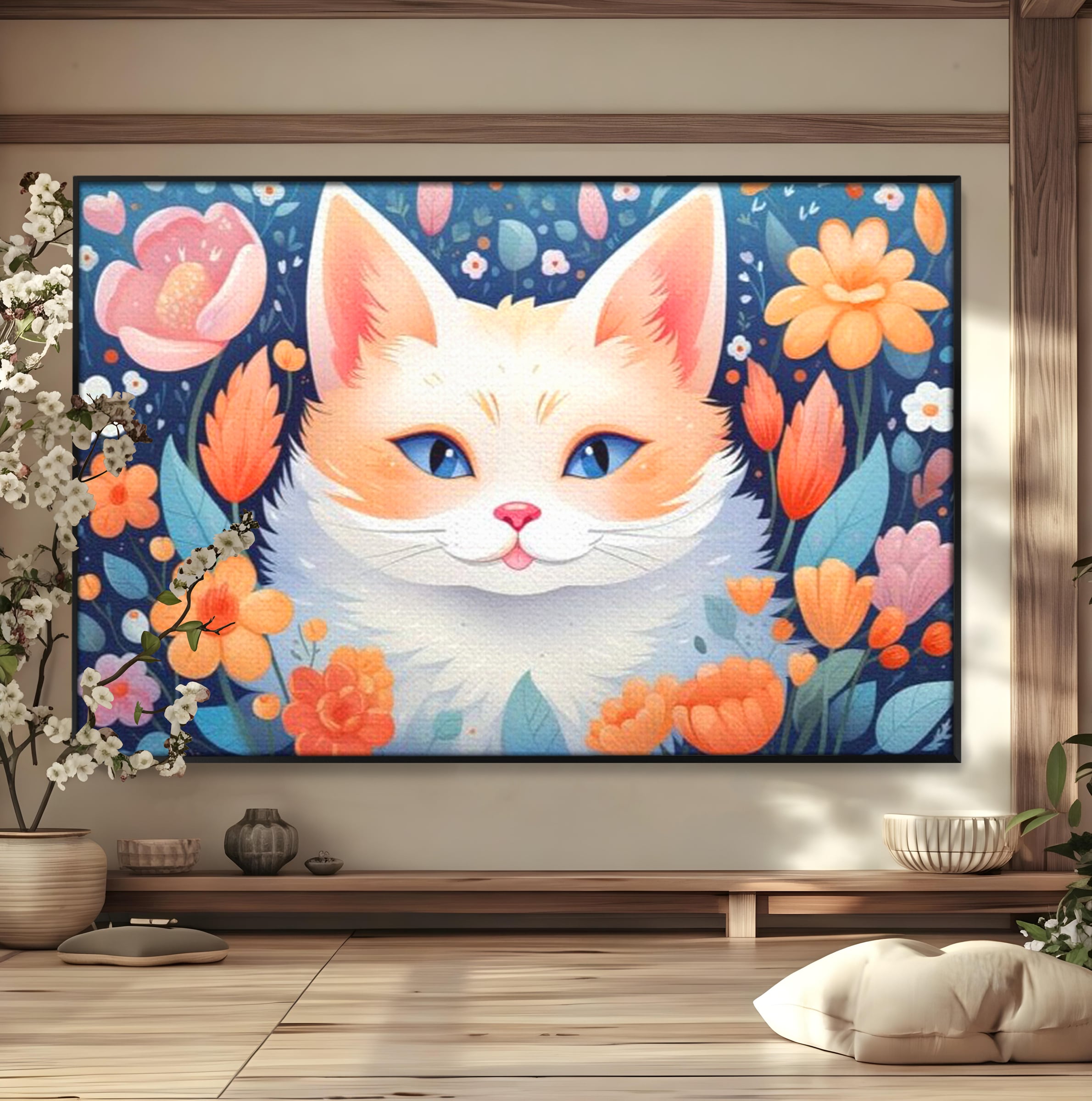 Leinwand Wandkunst Canvas Premium, LuxCanva® K1011, bezauberndes Kätzchen, Königin, Blumen, Blütenblätter, Blick, pelzig, flauschig, flauschig, blühend, Feline, Schnurrbart, Kinderzimmer