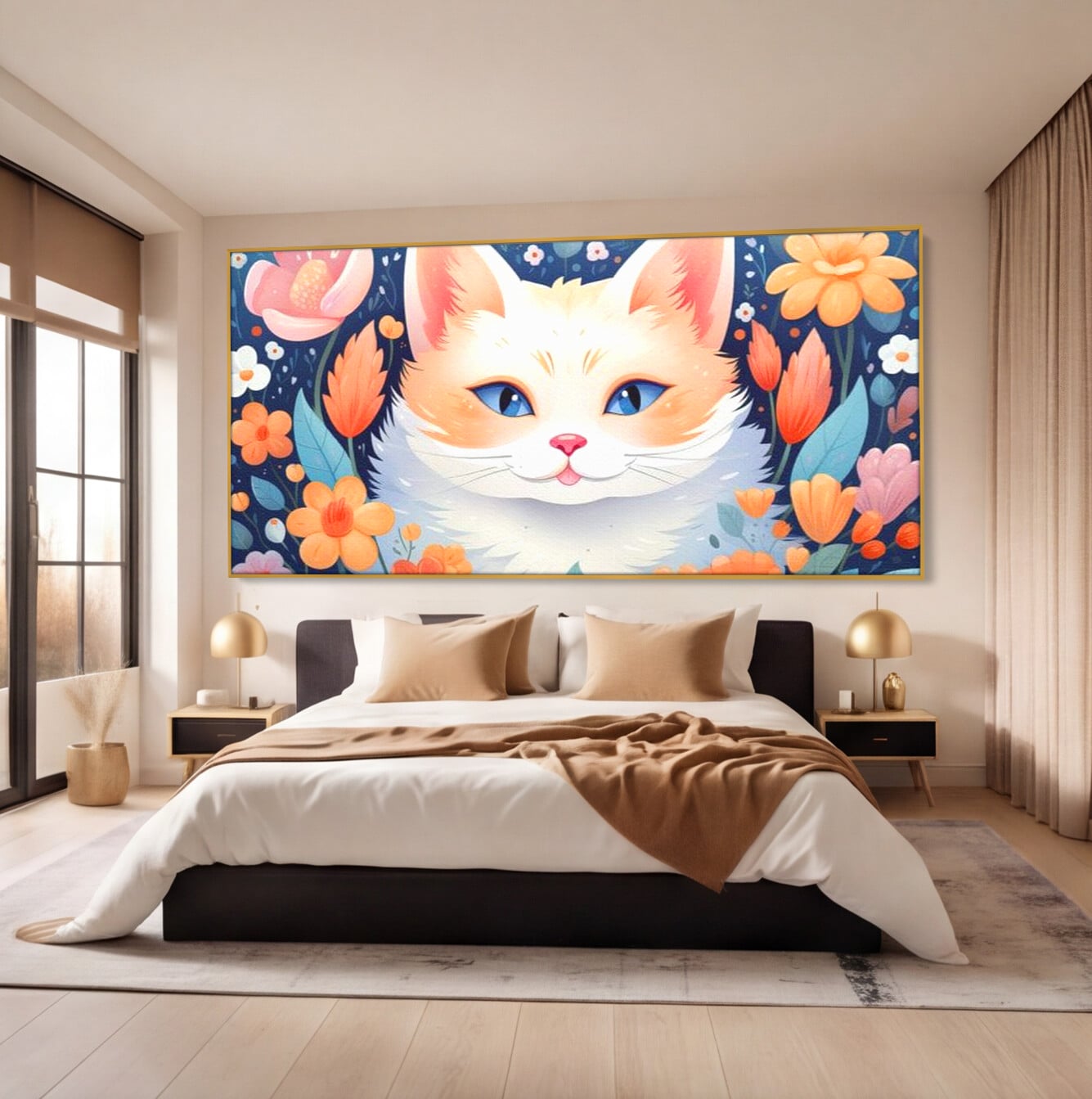 Leinwand Wandkunst Canvas Premium, LuxCanva® K1011, bezauberndes Kätzchen, Königin, Blumen, Blütenblätter, Blick, pelzig, flauschig, flauschig, blühend, Feline, Schnurrbart, Kinderzimmer