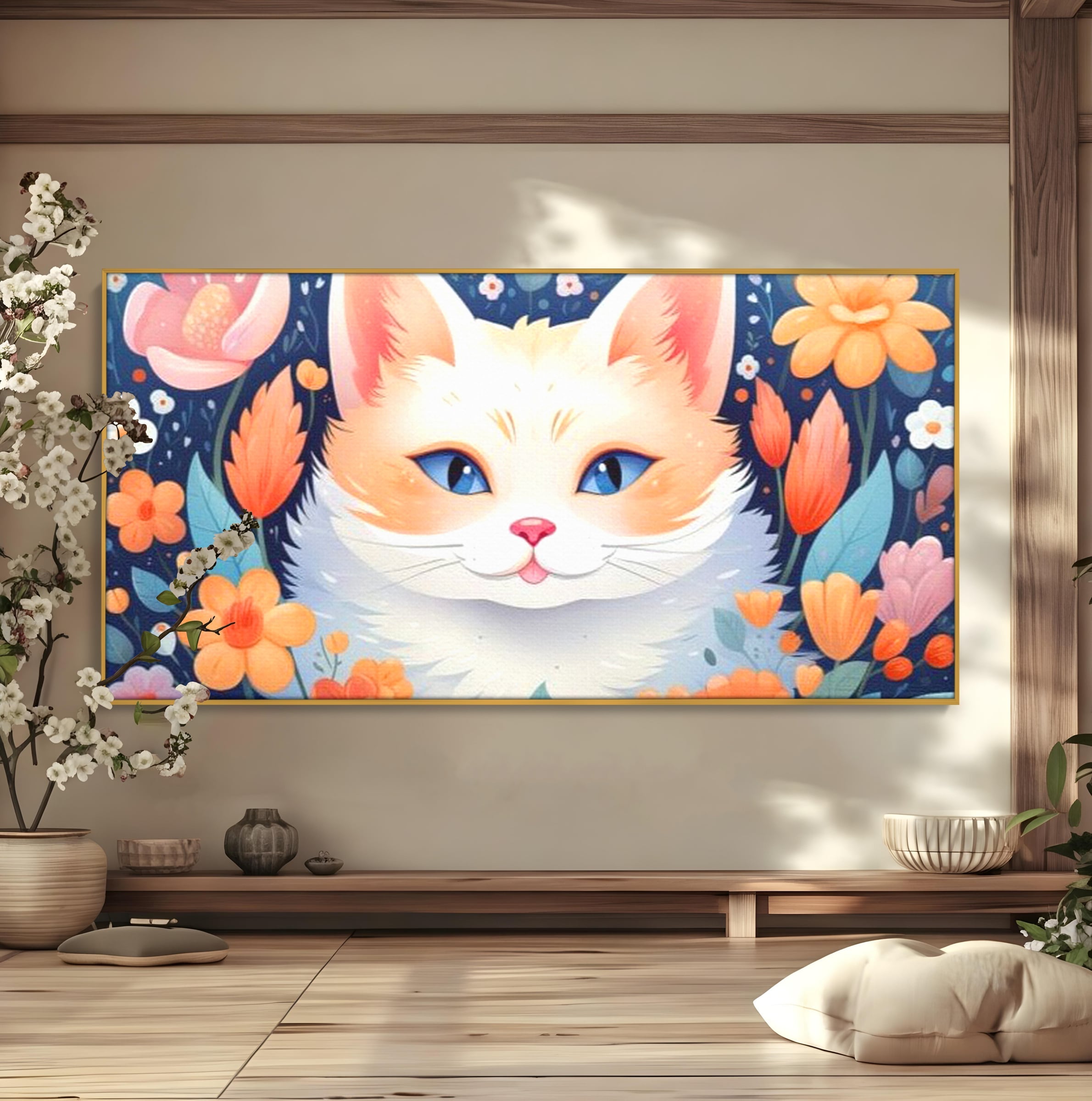 Leinwand Wandkunst Canvas Premium, LuxCanva® K1011, bezauberndes Kätzchen, Königin, Blumen, Blütenblätter, Blick, pelzig, flauschig, flauschig, blühend, Feline, Schnurrbart, Kinderzimmer