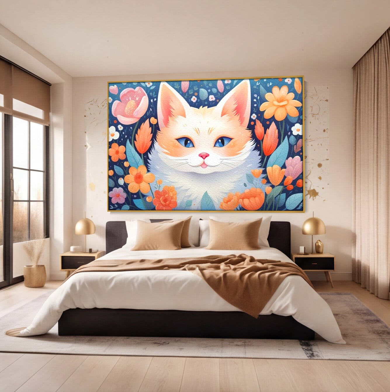 Leinwand Wandkunst Canvas Premium, LuxCanva® K1011, bezauberndes Kätzchen, Königin, Blumen, Blütenblätter, Blick, pelzig, flauschig, flauschig, blühend, Feline, Schnurrbart, Kinderzimmer