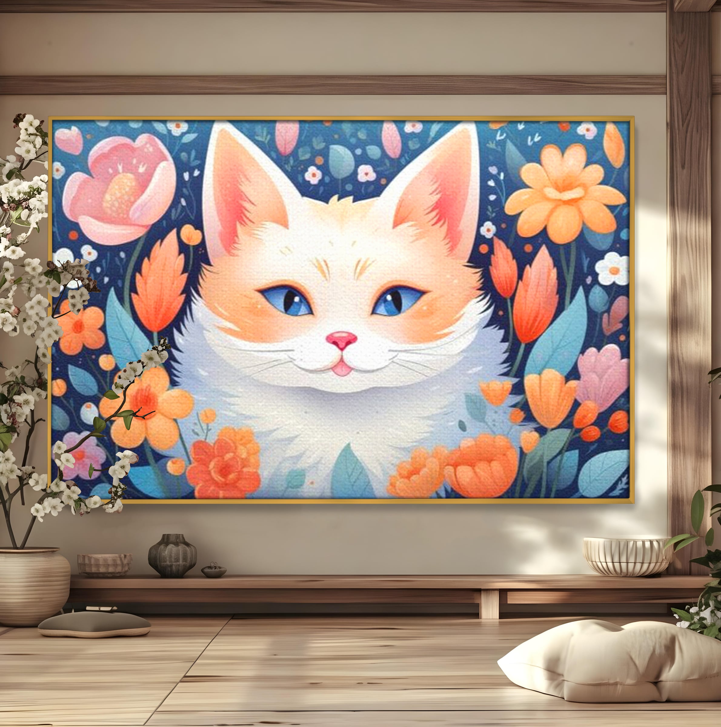 Leinwand Wandkunst Canvas Premium, LuxCanva® K1011, bezauberndes Kätzchen, Königin, Blumen, Blütenblätter, Blick, pelzig, flauschig, flauschig, blühend, Feline, Schnurrbart, Kinderzimmer