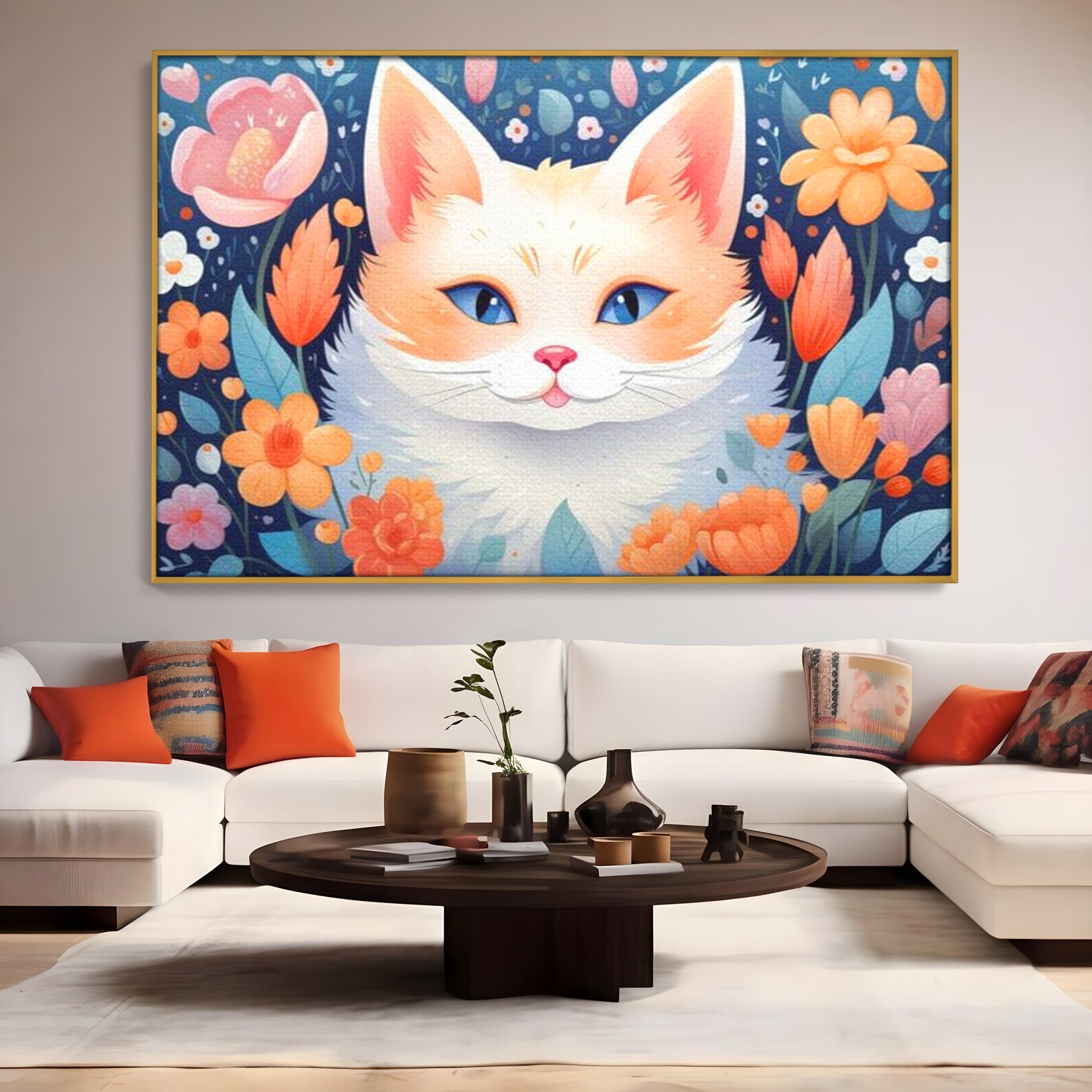 Leinwand Wandkunst Canvas Premium, LuxCanva® K1011, bezauberndes Kätzchen, Königin, Blumen, Blütenblätter, Blick, pelzig, flauschig, flauschig, blühend, Feline, Schnurrbart, Kinderzimmer
