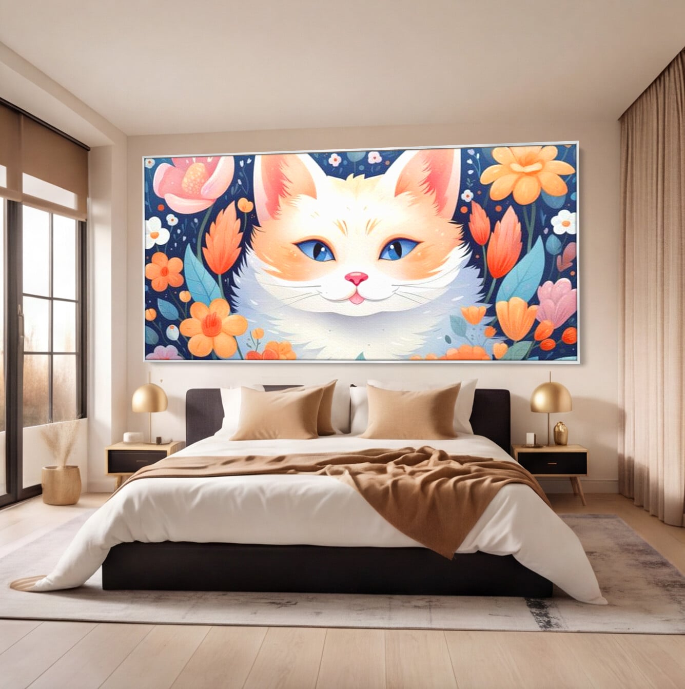 Leinwand Wandkunst Canvas Premium, LuxCanva® K1011, bezauberndes Kätzchen, Königin, Blumen, Blütenblätter, Blick, pelzig, flauschig, flauschig, blühend, Feline, Schnurrbart, Kinderzimmer