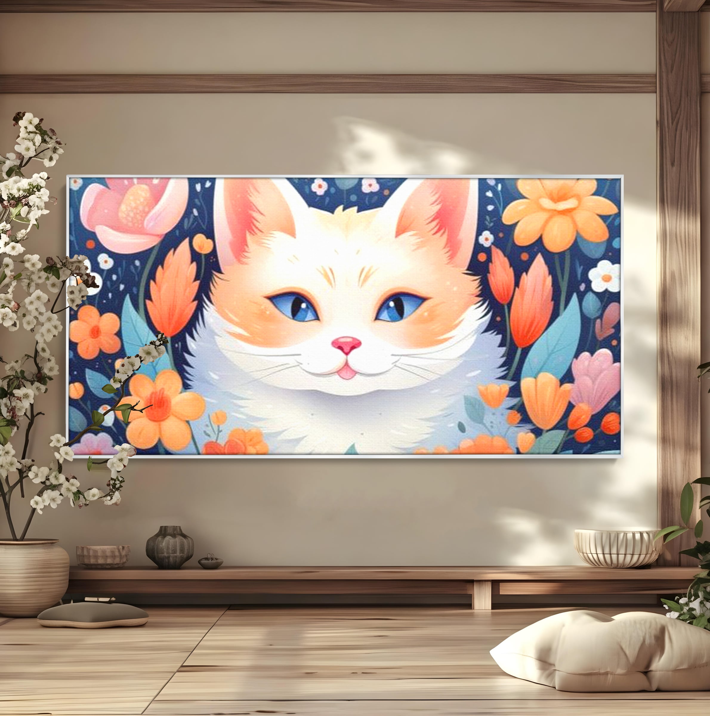 Leinwand Wandkunst Canvas Premium, LuxCanva® K1011, bezauberndes Kätzchen, Königin, Blumen, Blütenblätter, Blick, pelzig, flauschig, flauschig, blühend, Feline, Schnurrbart, Kinderzimmer