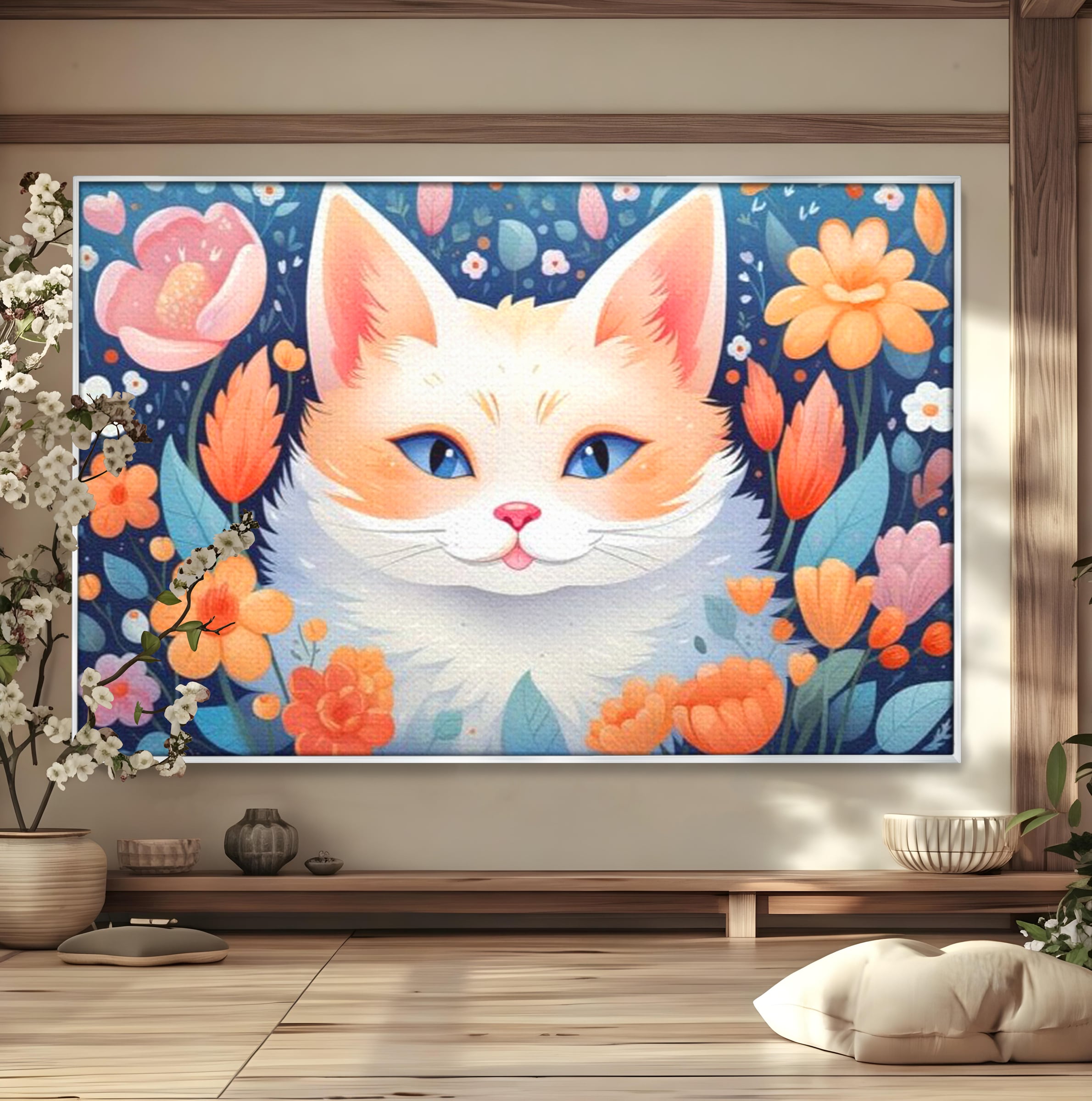 Leinwand Wandkunst Canvas Premium, LuxCanva® K1011, bezauberndes Kätzchen, Königin, Blumen, Blütenblätter, Blick, pelzig, flauschig, flauschig, blühend, Feline, Schnurrbart, Kinderzimmer