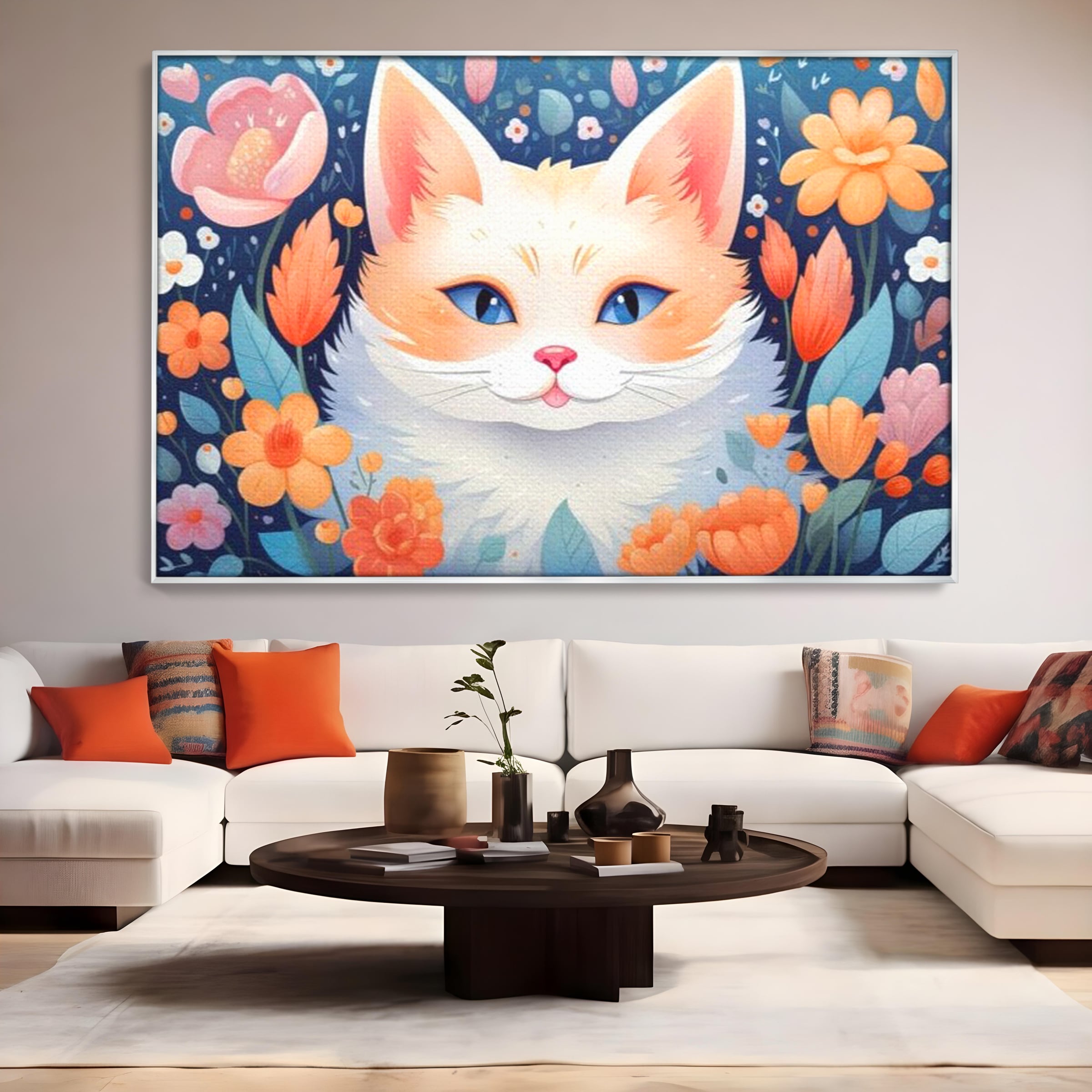 Leinwand Wandkunst Canvas Premium, LuxCanva® K1011, bezauberndes Kätzchen, Königin, Blumen, Blütenblätter, Blick, pelzig, flauschig, flauschig, blühend, Feline, Schnurrbart, Kinderzimmer