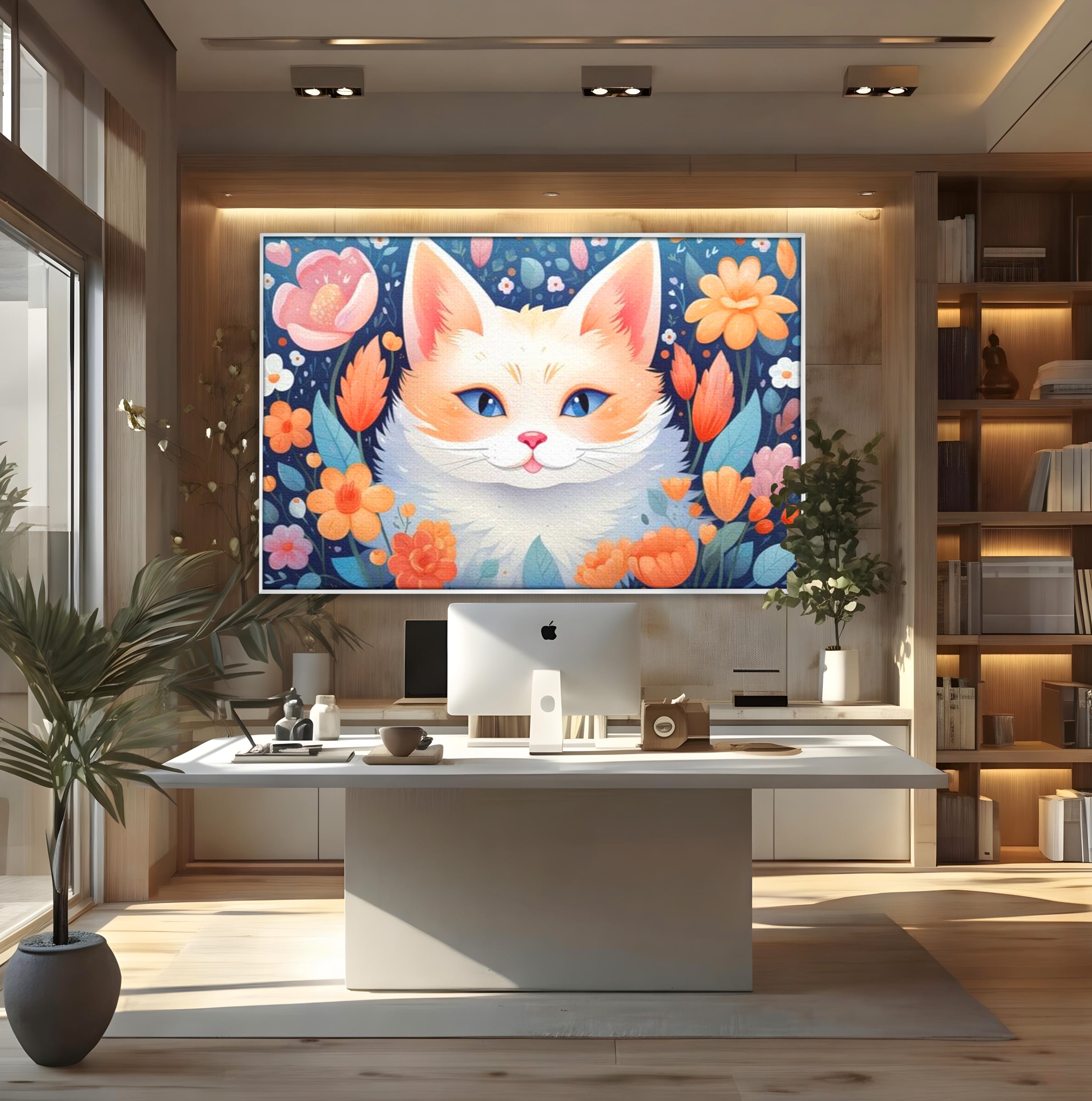 Leinwand Wandkunst Canvas Premium, LuxCanva® K1011, bezauberndes Kätzchen, Königin, Blumen, Blütenblätter, Blick, pelzig, flauschig, flauschig, blühend, Feline, Schnurrbart, Kinderzimmer