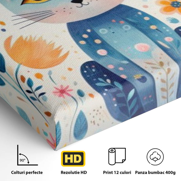 Leinwand Wandkunst Premium, LuxCanva® K1012, Miau durch die Blütenblätter, Schnurrhaare, Ohren, Katze, Lächeln, Lächeln, Sonne, Magie, Garten, Pastell, Pastell, Dekor, Hintergrund, Floral, Feline, Kinderzimmer