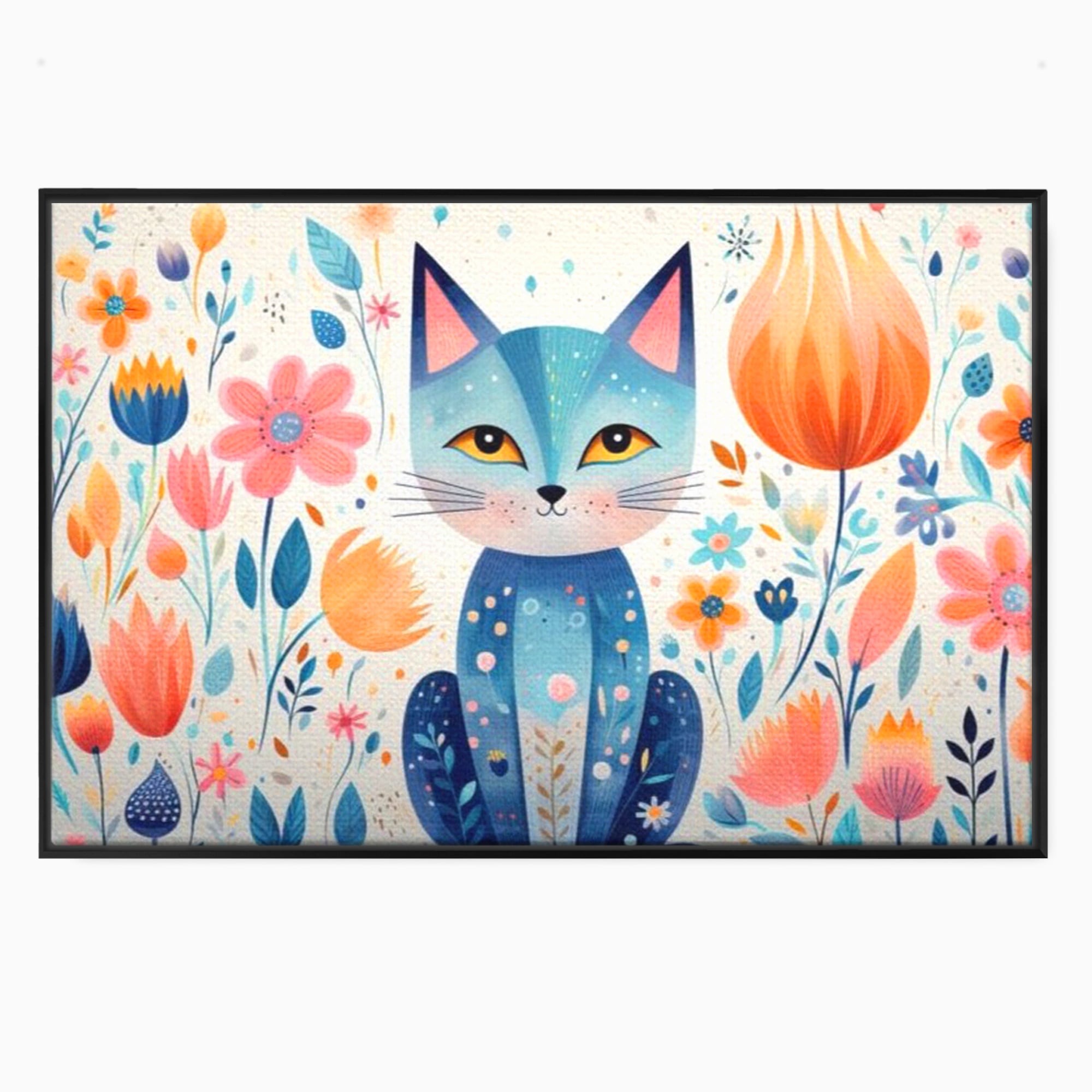 Leinwand Wandkunst Premium, LuxCanva® K1012, Miau durch die Blütenblätter, Schnurrhaare, Ohren, Katze, Lächeln, Lächeln, Sonne, Magie, Garten, Pastell, Pastell, Dekor, Hintergrund, Floral, Feline, Kinderzimmer