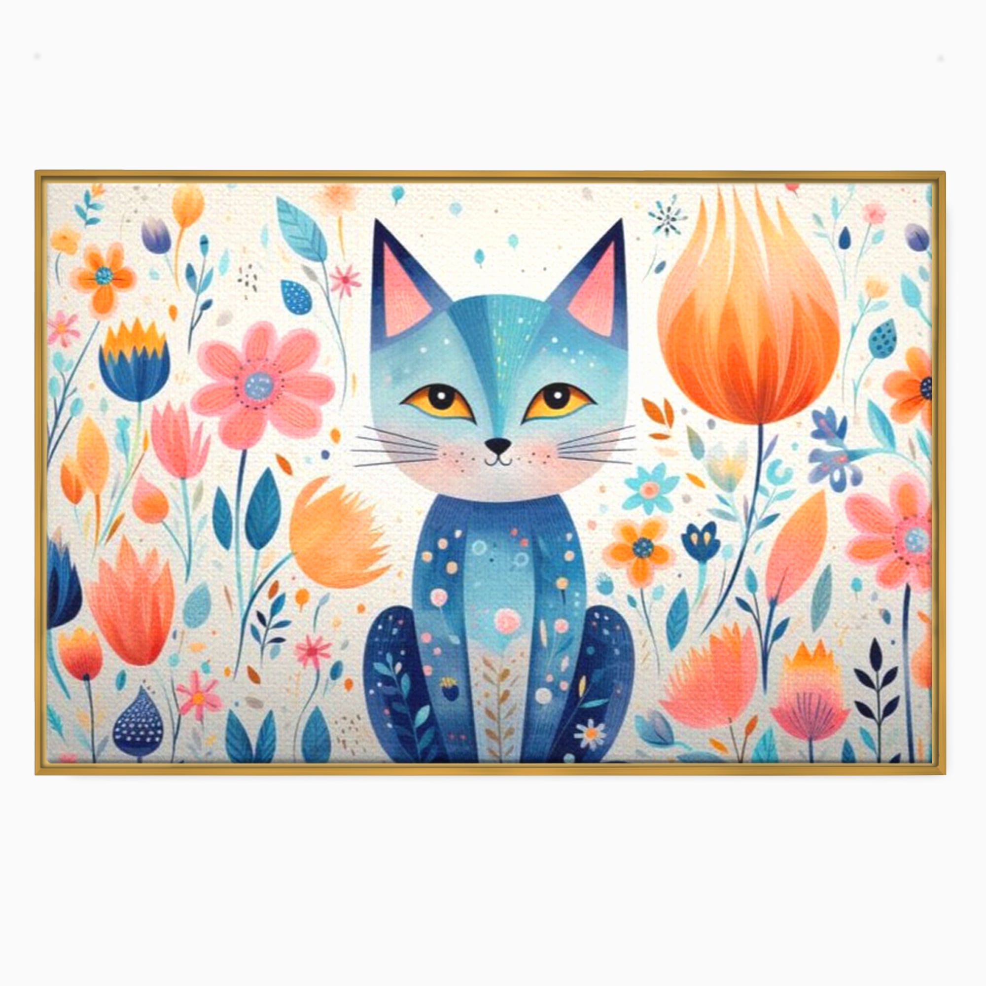 Leinwand Wandkunst Premium, LuxCanva® K1012, Miau durch die Blütenblätter, Schnurrhaare, Ohren, Katze, Lächeln, Lächeln, Sonne, Magie, Garten, Pastell, Pastell, Dekor, Hintergrund, Floral, Feline, Kinderzimmer