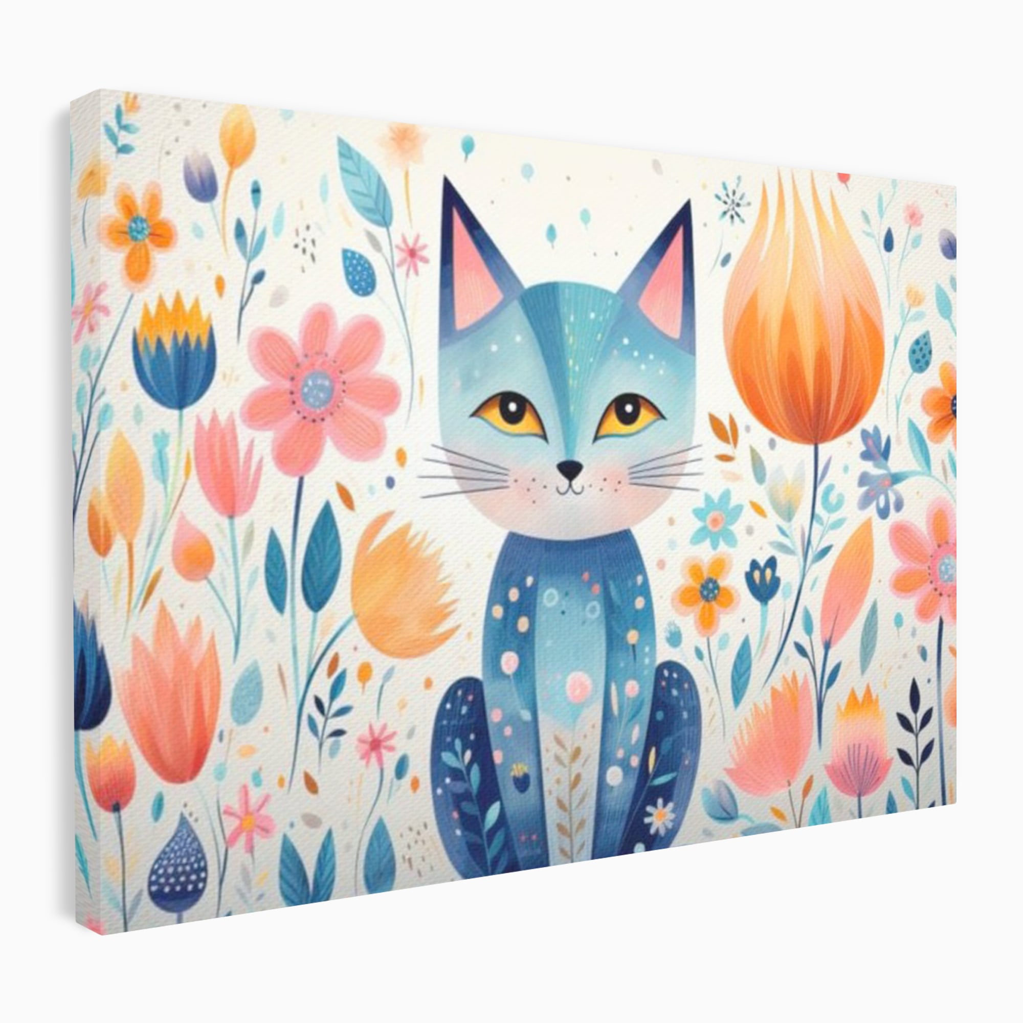 Leinwand Wandkunst Premium, LuxCanva® K1012, Miau durch die Blütenblätter, Schnurrhaare, Ohren, Katze, Lächeln, Lächeln, Sonne, Magie, Garten, Pastell, Pastell, Dekor, Hintergrund, Floral, Feline, Kinderzimmer