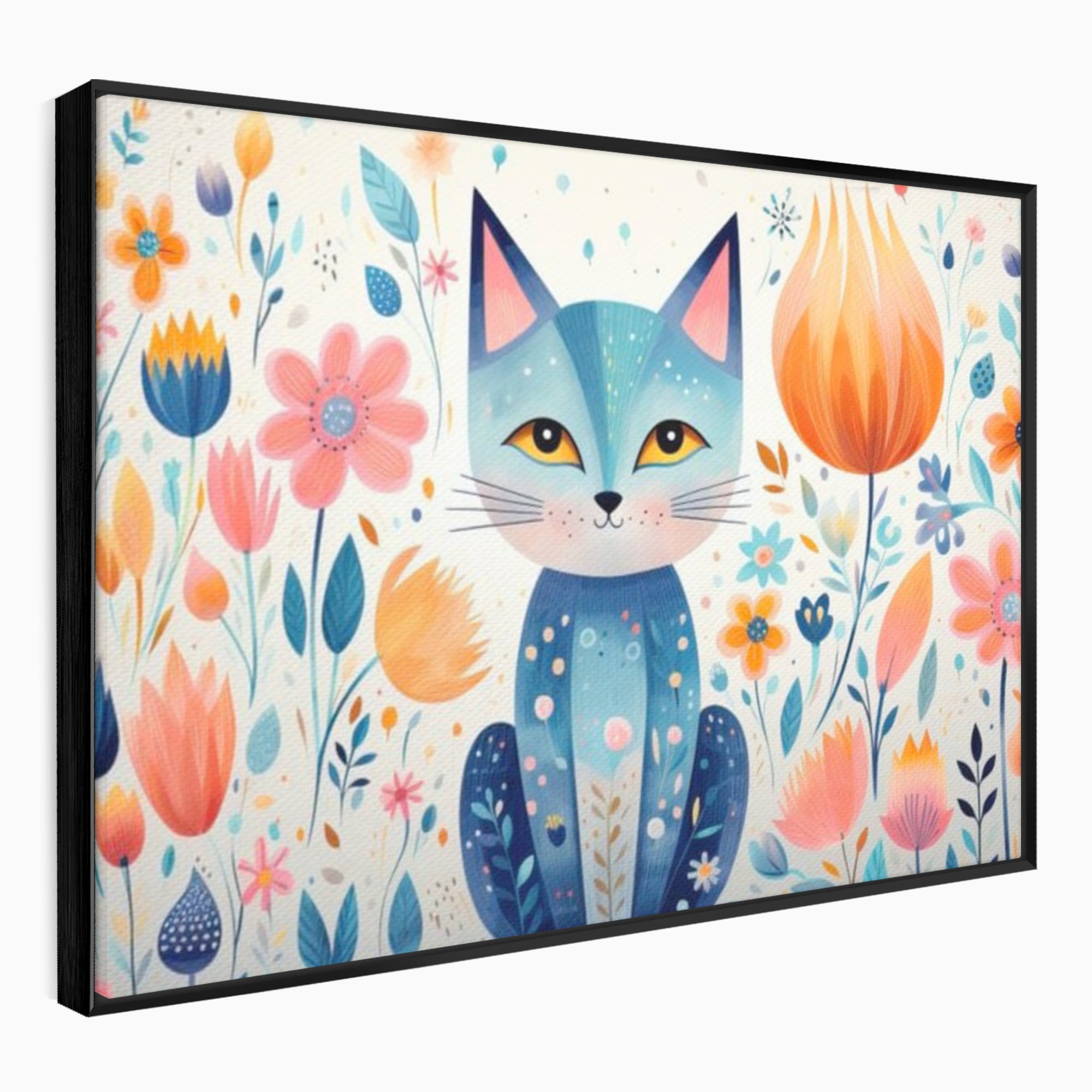 Leinwand Wandkunst Premium, LuxCanva® K1012, Miau durch die Blütenblätter, Schnurrhaare, Ohren, Katze, Lächeln, Lächeln, Sonne, Magie, Garten, Pastell, Pastell, Dekor, Hintergrund, Floral, Feline, Kinderzimmer