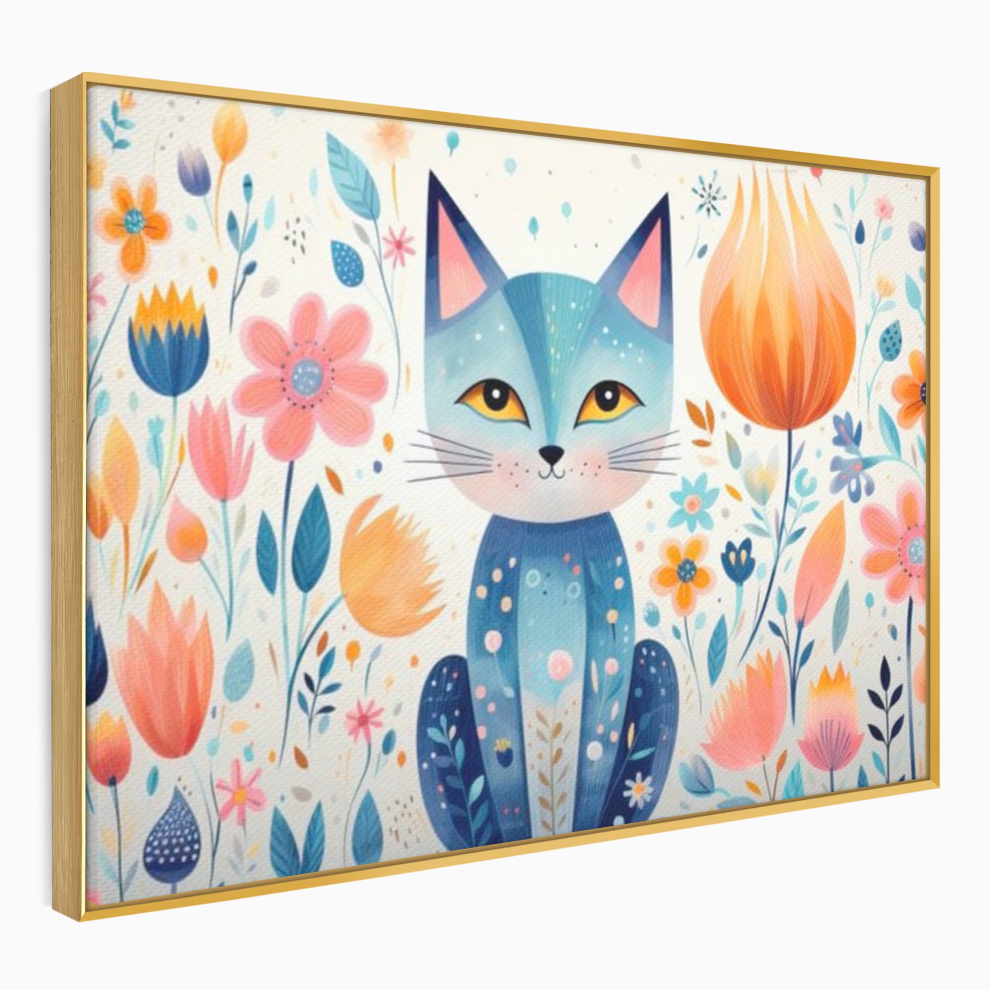 Leinwand Wandkunst Premium, LuxCanva® K1012, Miau durch die Blütenblätter, Schnurrhaare, Ohren, Katze, Lächeln, Lächeln, Sonne, Magie, Garten, Pastell, Pastell, Dekor, Hintergrund, Floral, Feline, Kinderzimmer
