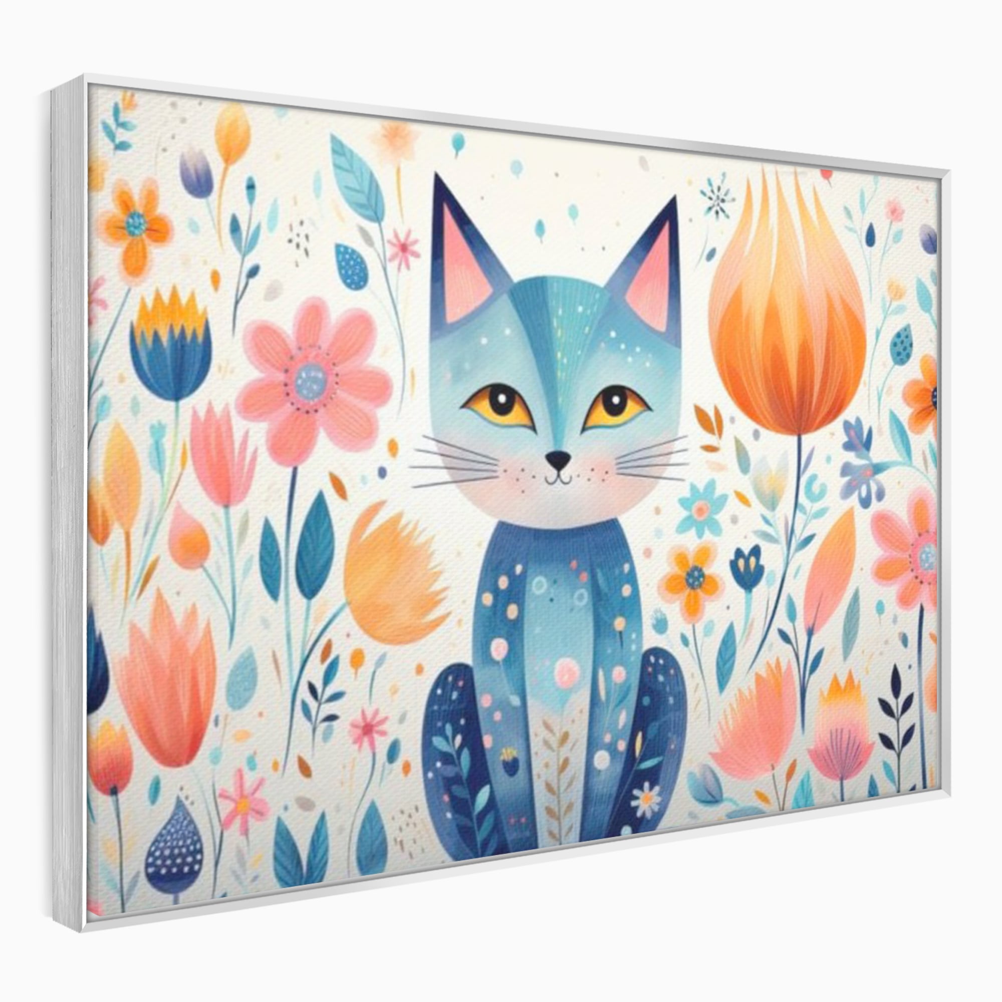 Leinwand Wandkunst Premium, LuxCanva® K1012, Miau durch die Blütenblätter, Schnurrhaare, Ohren, Katze, Lächeln, Lächeln, Sonne, Magie, Garten, Pastell, Pastell, Dekor, Hintergrund, Floral, Feline, Kinderzimmer