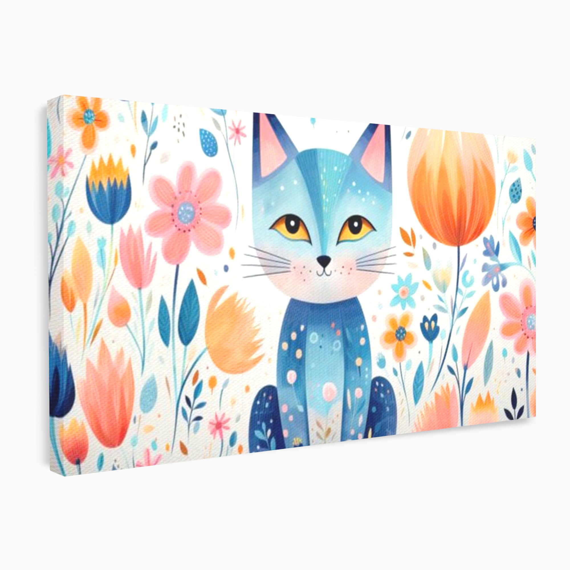 Leinwand Wandkunst Premium, LuxCanva® K1012, Miau durch die Blütenblätter, Schnurrhaare, Ohren, Katze, Lächeln, Lächeln, Sonne, Magie, Garten, Pastell, Pastell, Dekor, Hintergrund, Floral, Feline, Kinderzimmer