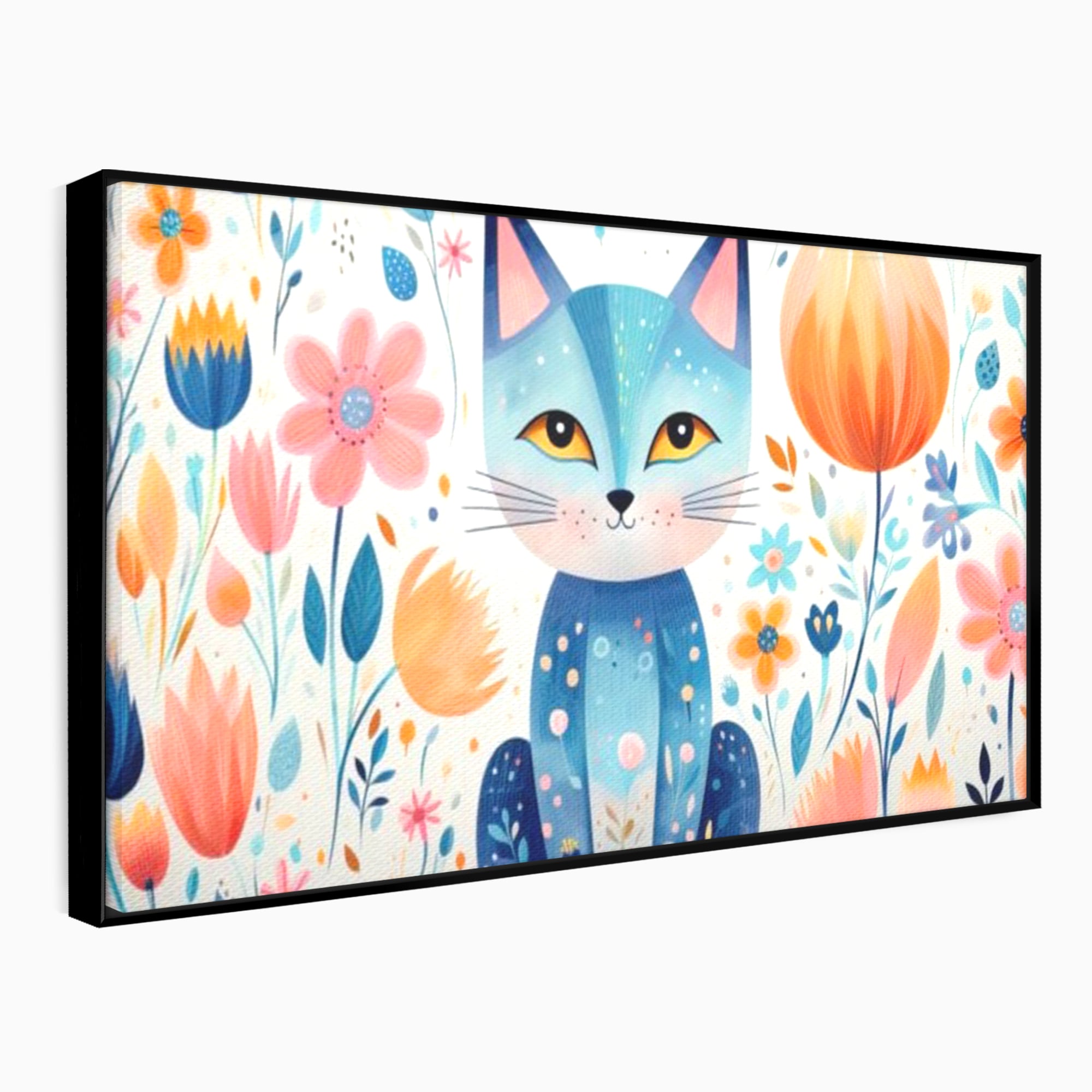 Leinwand Wandkunst Premium, LuxCanva® K1012, Miau durch die Blütenblätter, Schnurrhaare, Ohren, Katze, Lächeln, Lächeln, Sonne, Magie, Garten, Pastell, Pastell, Dekor, Hintergrund, Floral, Feline, Kinderzimmer
