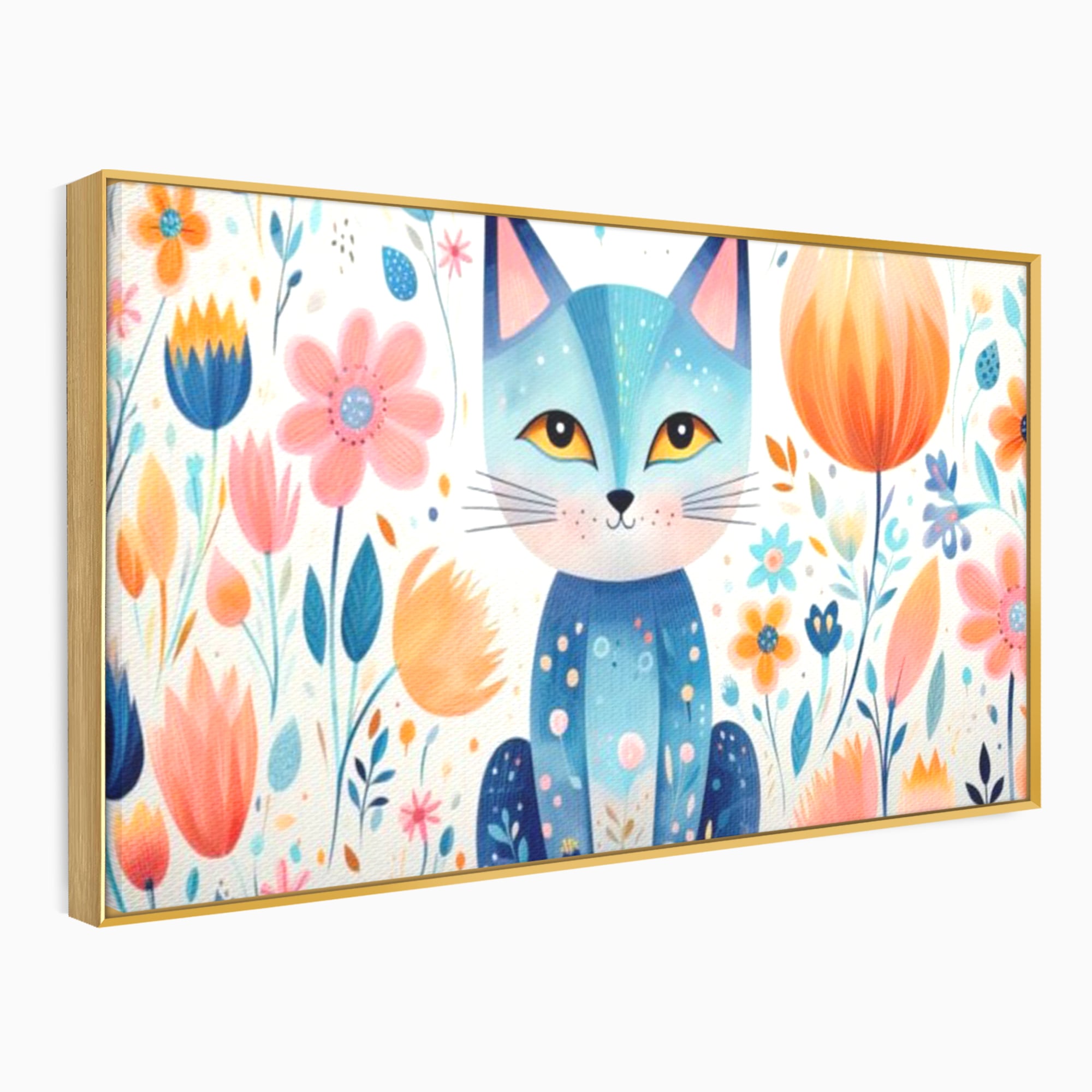 Leinwand Wandkunst Premium, LuxCanva® K1012, Miau durch die Blütenblätter, Schnurrhaare, Ohren, Katze, Lächeln, Lächeln, Sonne, Magie, Garten, Pastell, Pastell, Dekor, Hintergrund, Floral, Feline, Kinderzimmer