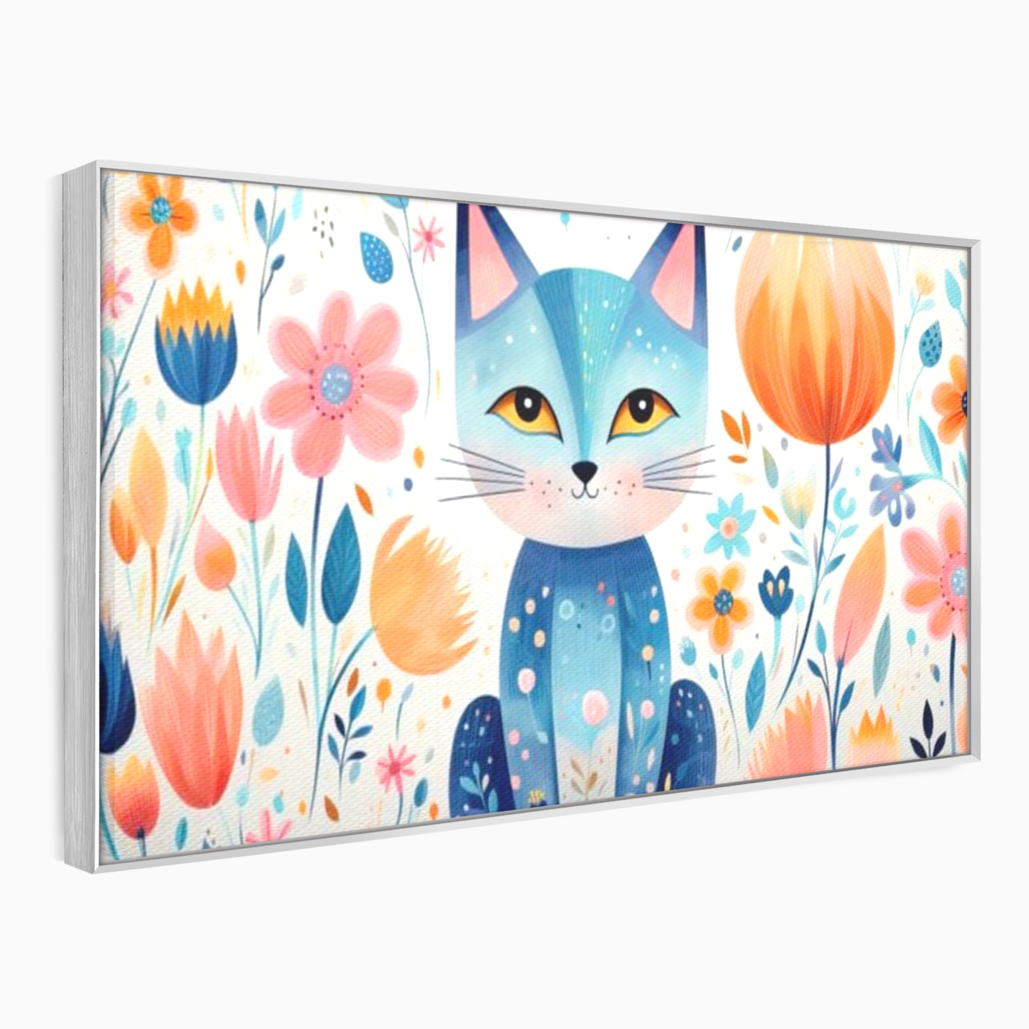 Leinwand Wandkunst Premium, LuxCanva® K1012, Miau durch die Blütenblätter, Schnurrhaare, Ohren, Katze, Lächeln, Lächeln, Sonne, Magie, Garten, Pastell, Pastell, Dekor, Hintergrund, Floral, Feline, Kinderzimmer