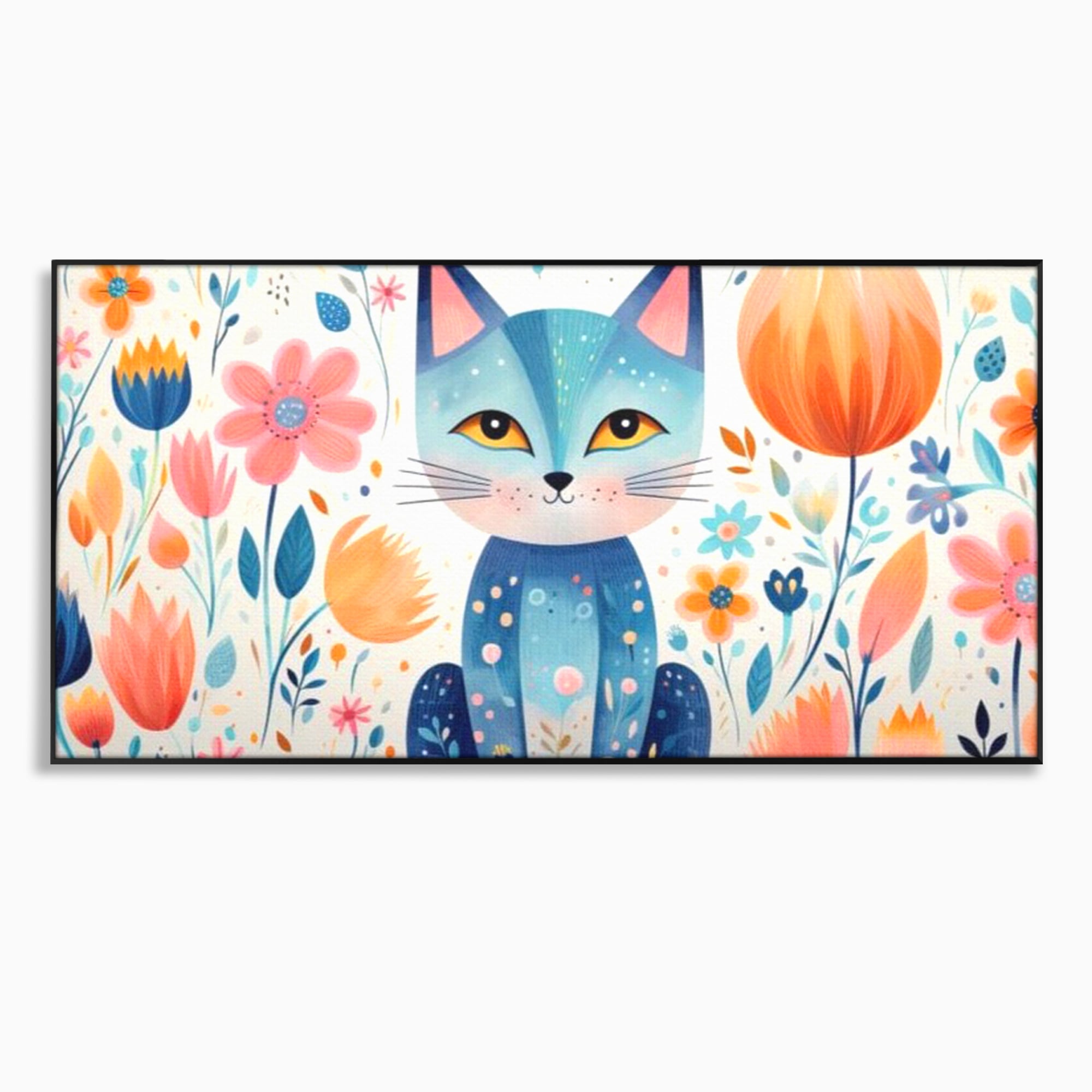 Leinwand Wandkunst Premium, LuxCanva® K1012, Miau durch die Blütenblätter, Schnurrhaare, Ohren, Katze, Lächeln, Lächeln, Sonne, Magie, Garten, Pastell, Pastell, Dekor, Hintergrund, Floral, Feline, Kinderzimmer