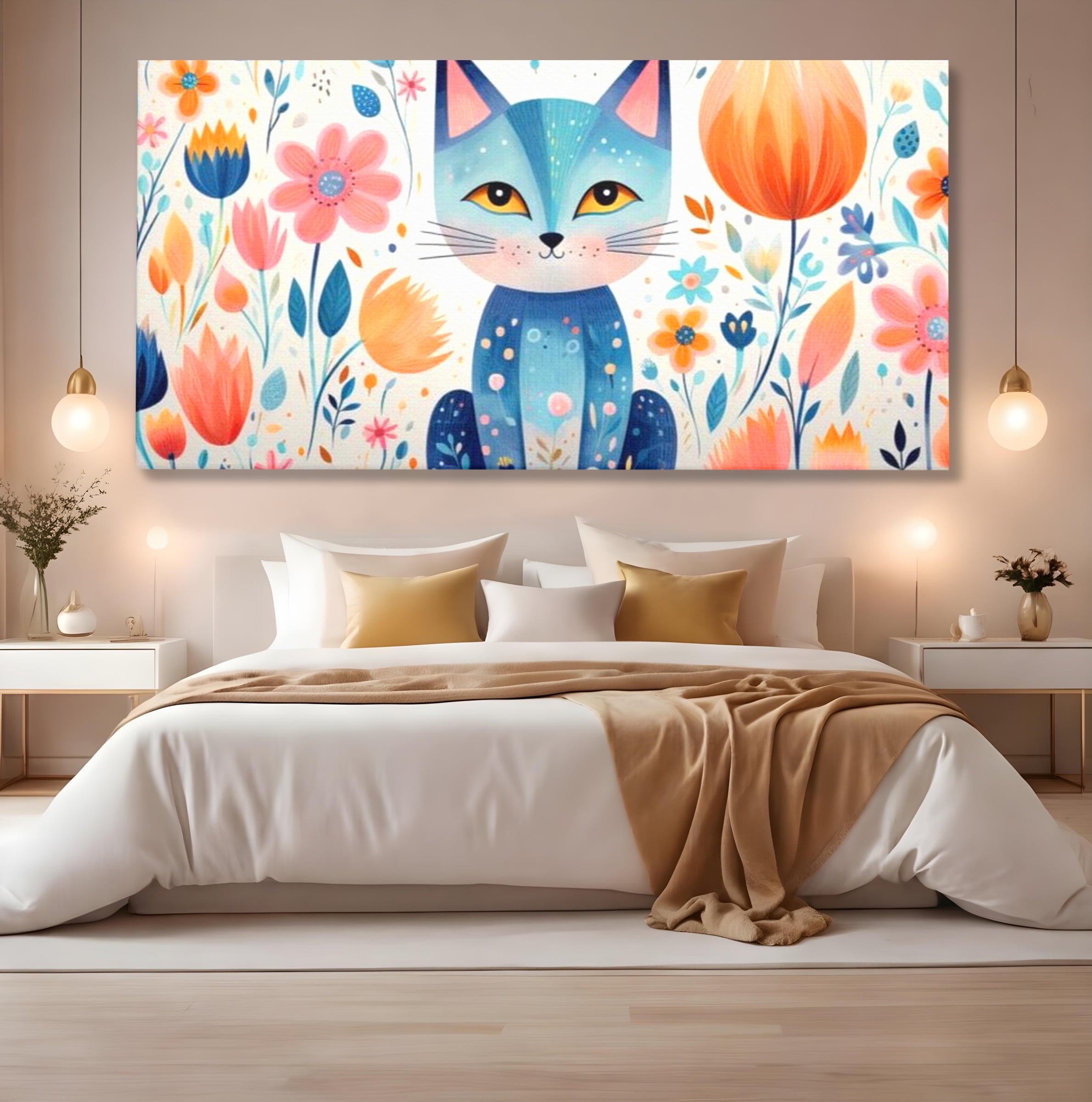 Leinwand Wandkunst Premium, LuxCanva® K1012, Miau durch die Blütenblätter, Schnurrhaare, Ohren, Katze, Lächeln, Lächeln, Sonne, Magie, Garten, Pastell, Pastell, Dekor, Hintergrund, Floral, Feline, Kinderzimmer