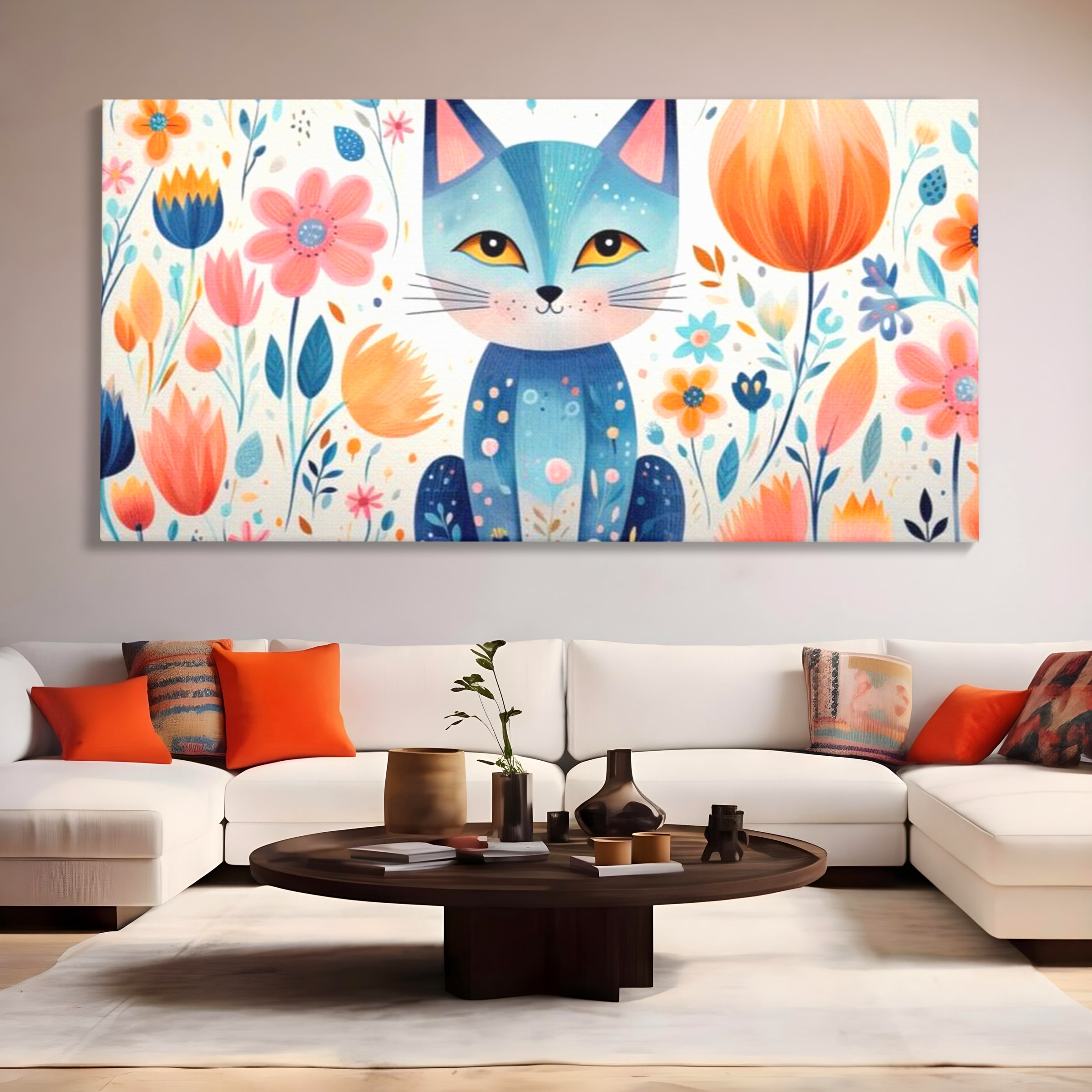 Leinwand Wandkunst Premium, LuxCanva® K1012, Miau durch die Blütenblätter, Schnurrhaare, Ohren, Katze, Lächeln, Lächeln, Sonne, Magie, Garten, Pastell, Pastell, Dekor, Hintergrund, Floral, Feline, Kinderzimmer